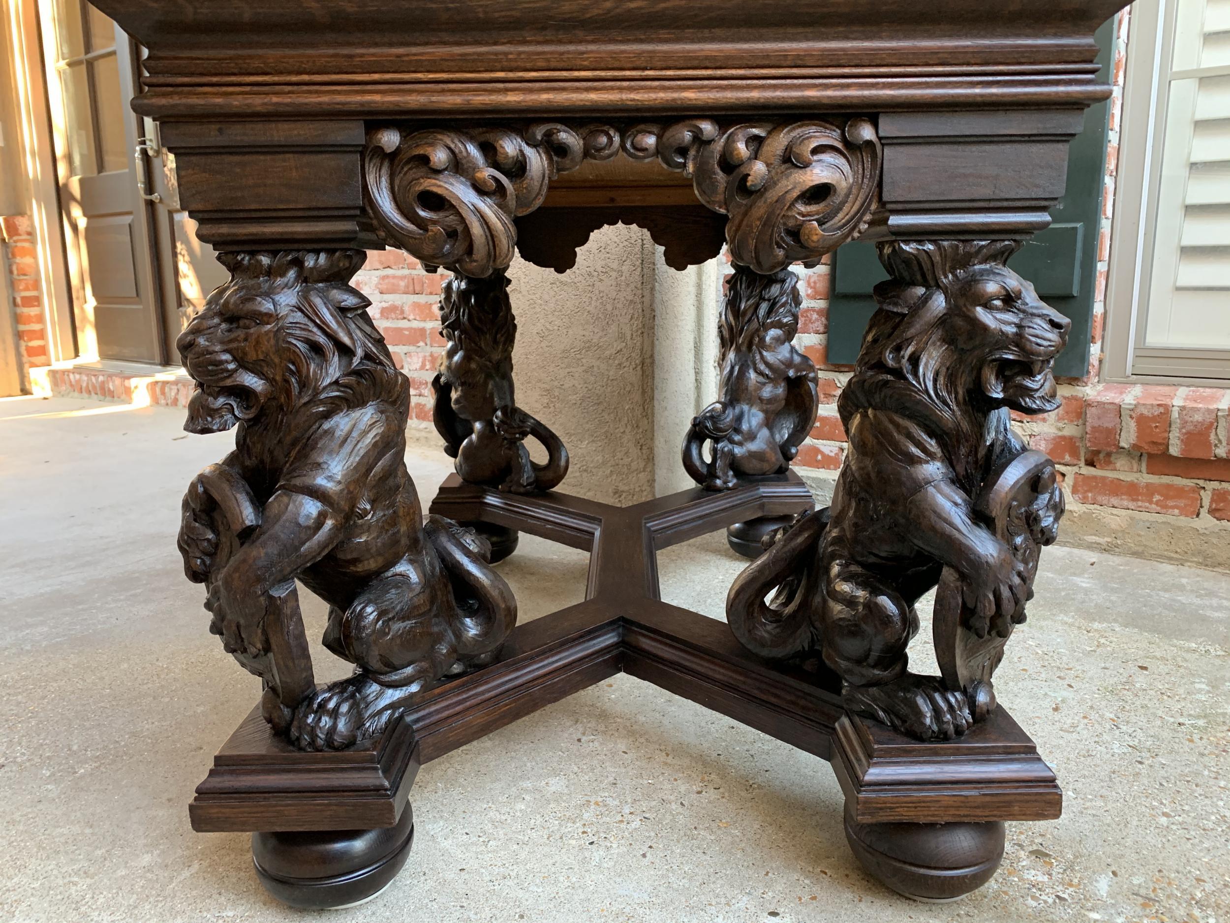 19th century French Carved Oak Desk Library Table Lion Crest Renaissance Baroque 3