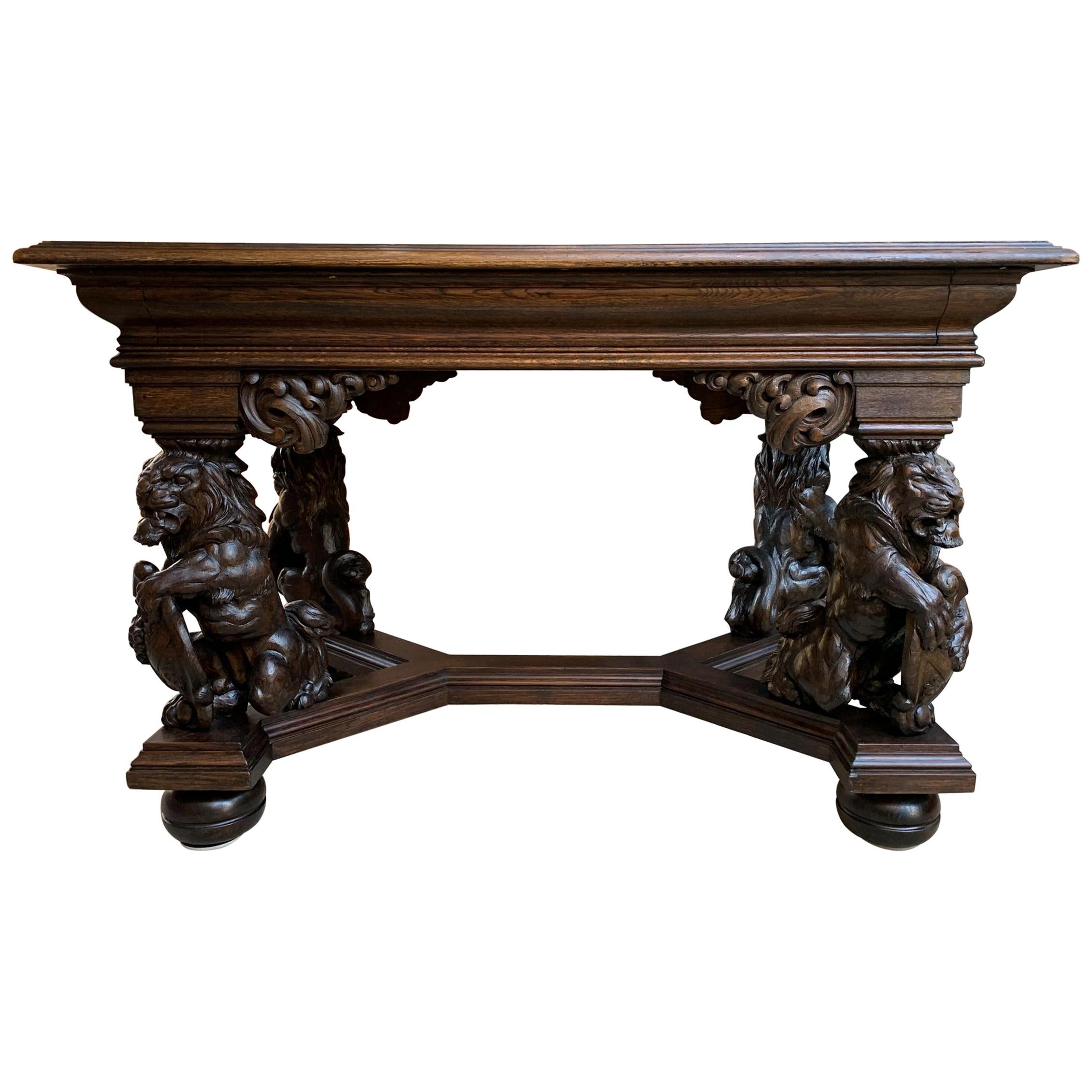 19th century French Carved Oak Desk Library Table Lion Crest Renaissance Baroque