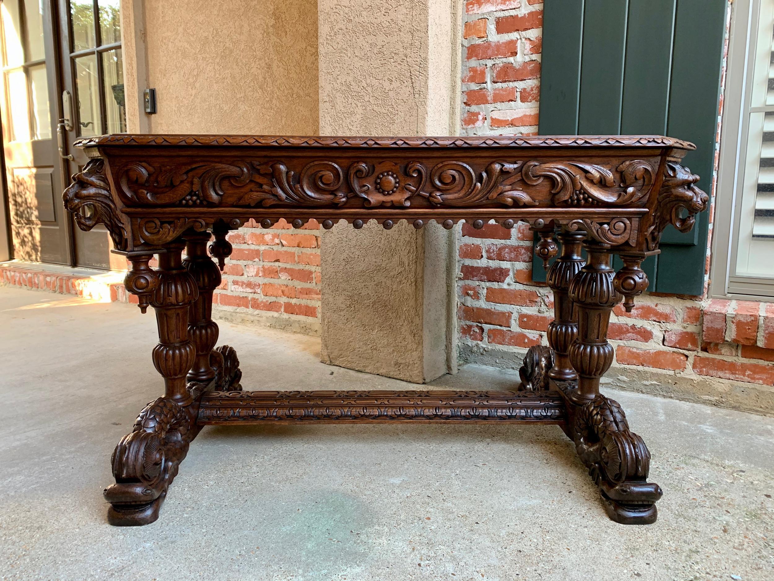 19th century French Carved Oak Desk Sofa Side Table Dolphin Renaissance Gothic 8