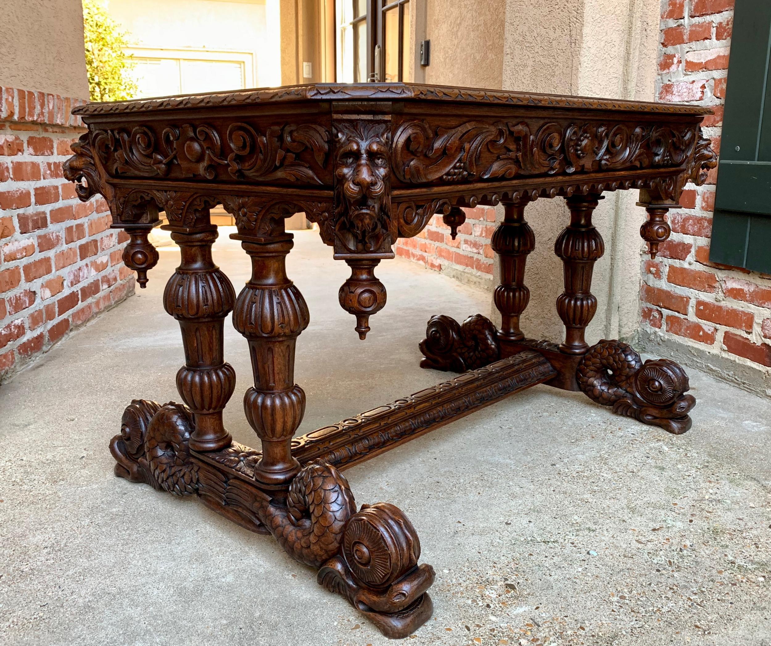 19th century French Carved Oak Desk Sofa Side Table Dolphin Renaissance Gothic 10