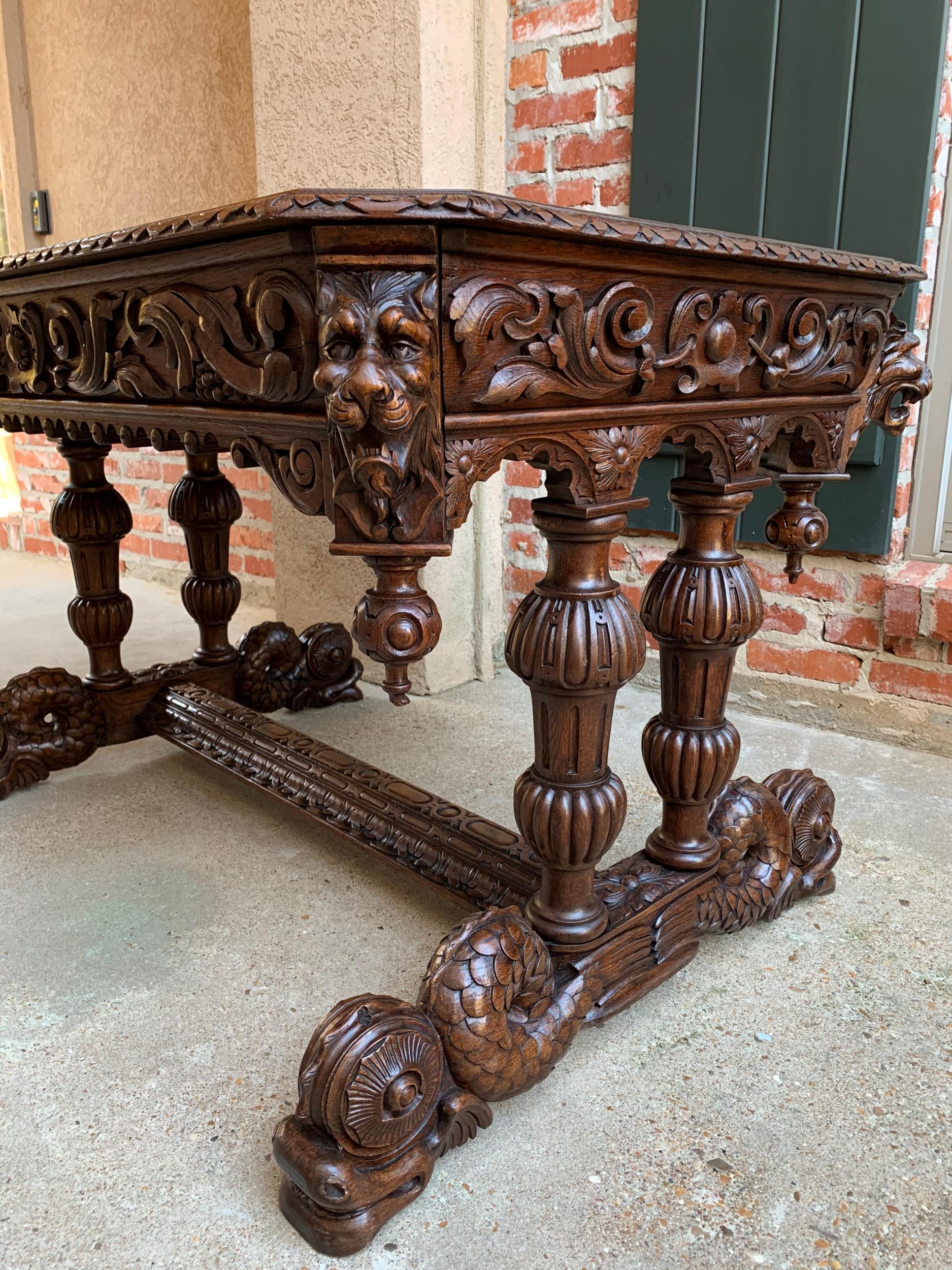 19th century French Carved Oak Desk Sofa Side Table Dolphin Renaissance Gothic 12