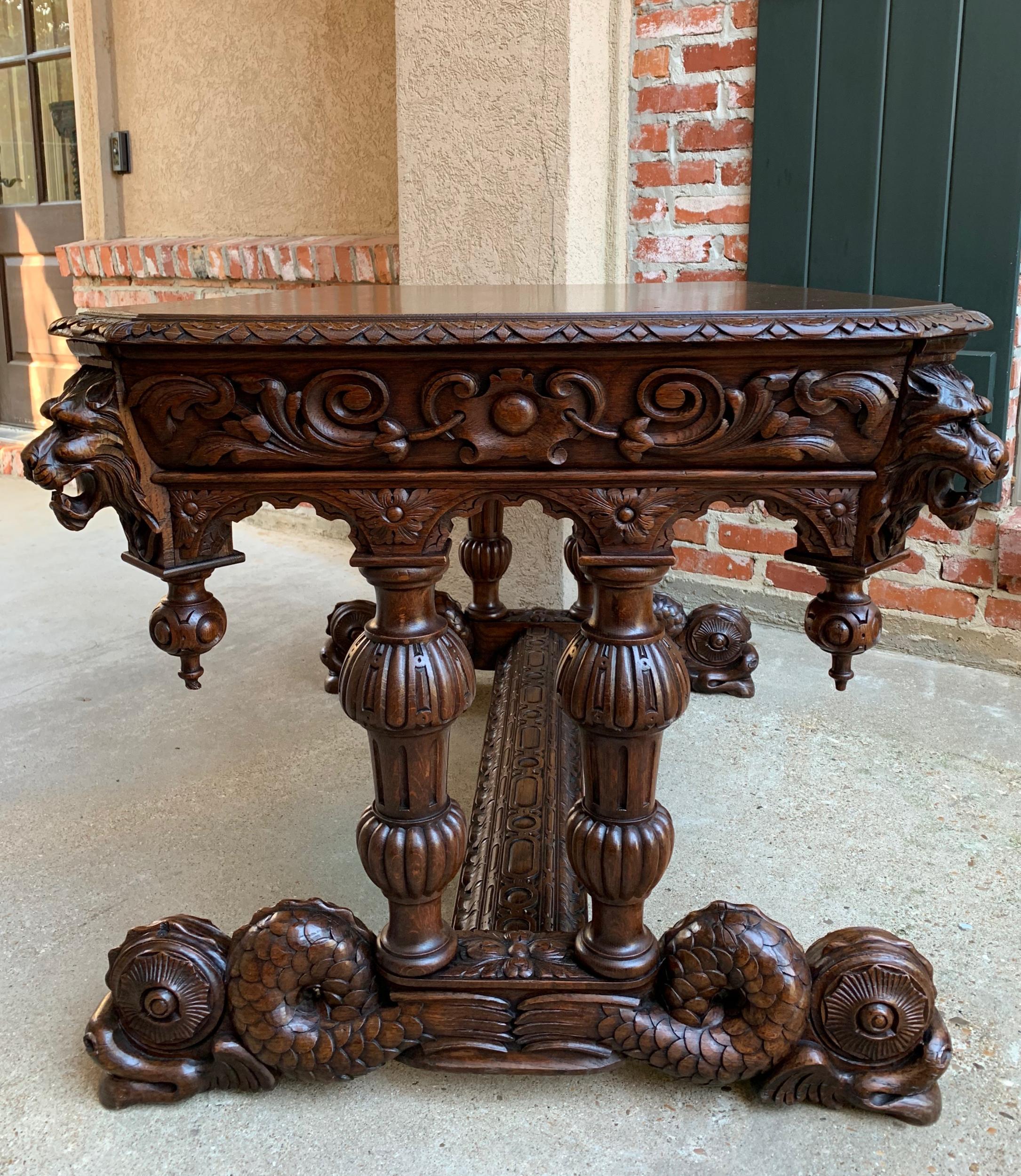 19th century French Carved Oak Desk Sofa Side Table Dolphin Renaissance Gothic 13