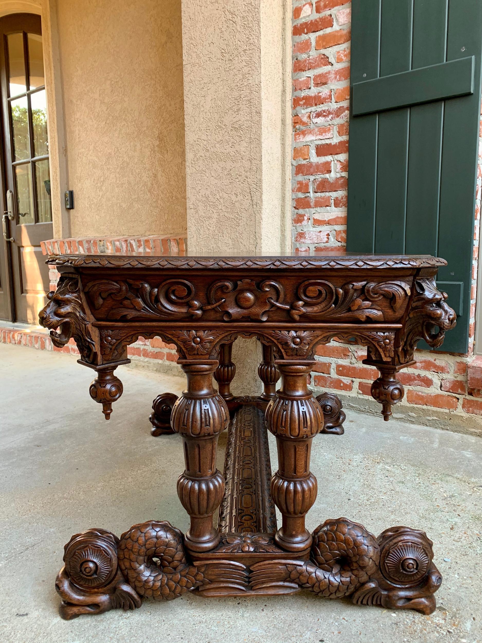 19th century French Carved Oak Desk Sofa Side Table Dolphin Renaissance Gothic 14