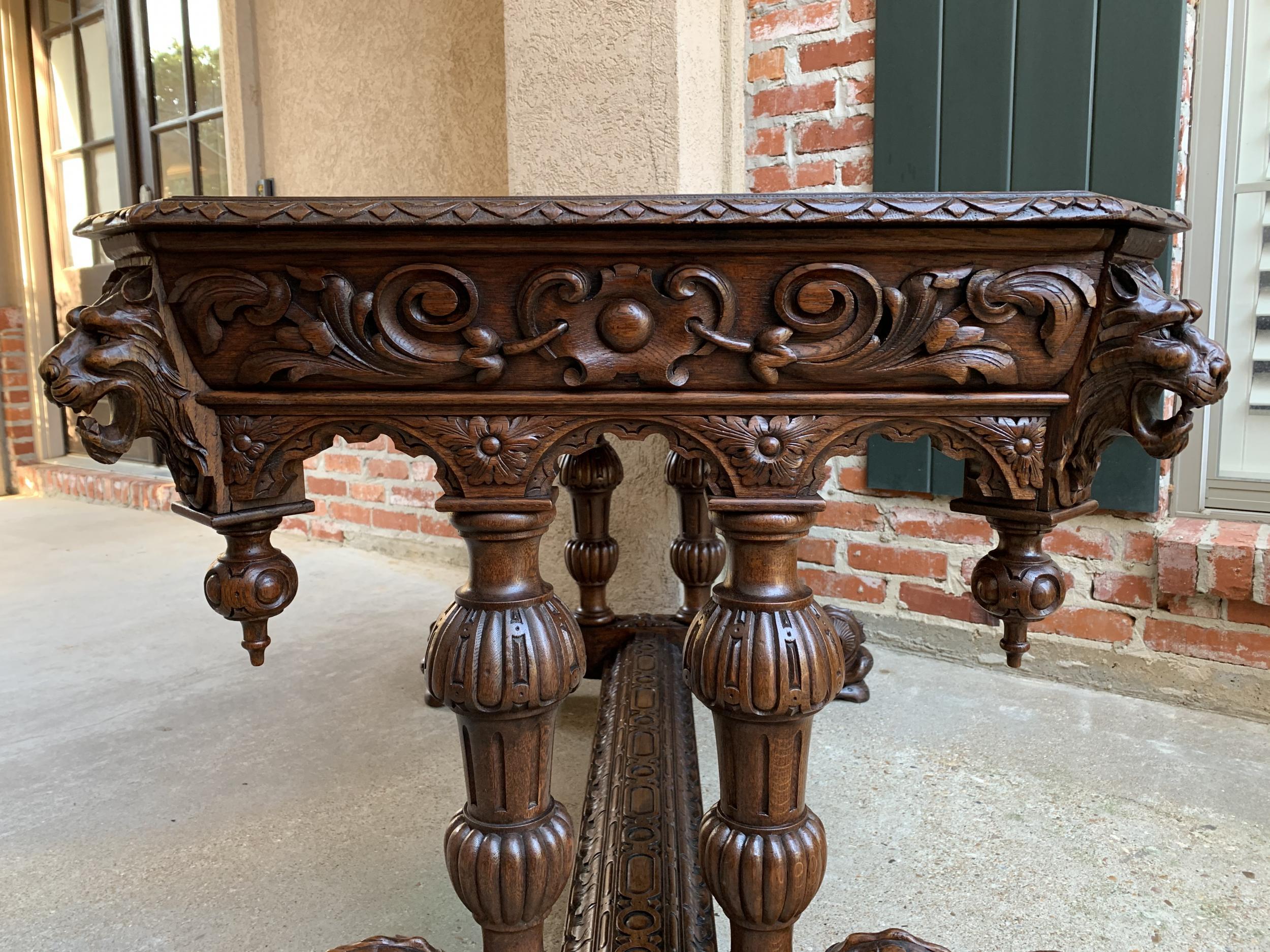 19th century French Carved Oak Desk Sofa Side Table Dolphin Renaissance Gothic 15