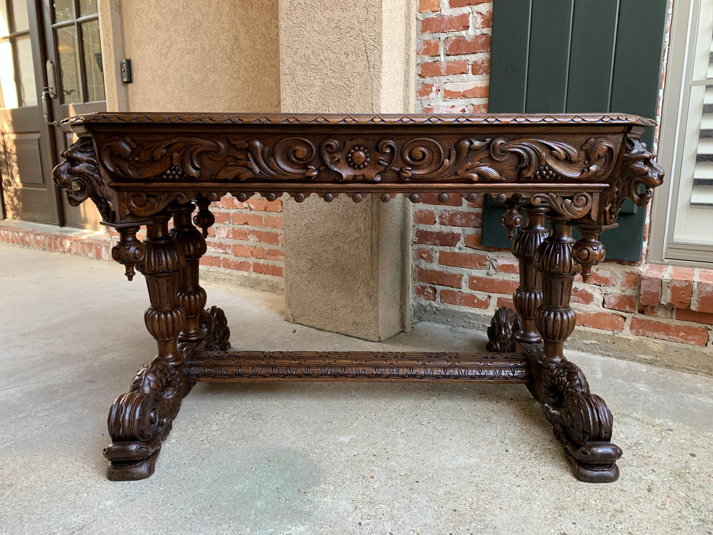 Hand-Carved 19th century French Carved Oak Desk Sofa Side Table Dolphin Renaissance Gothic