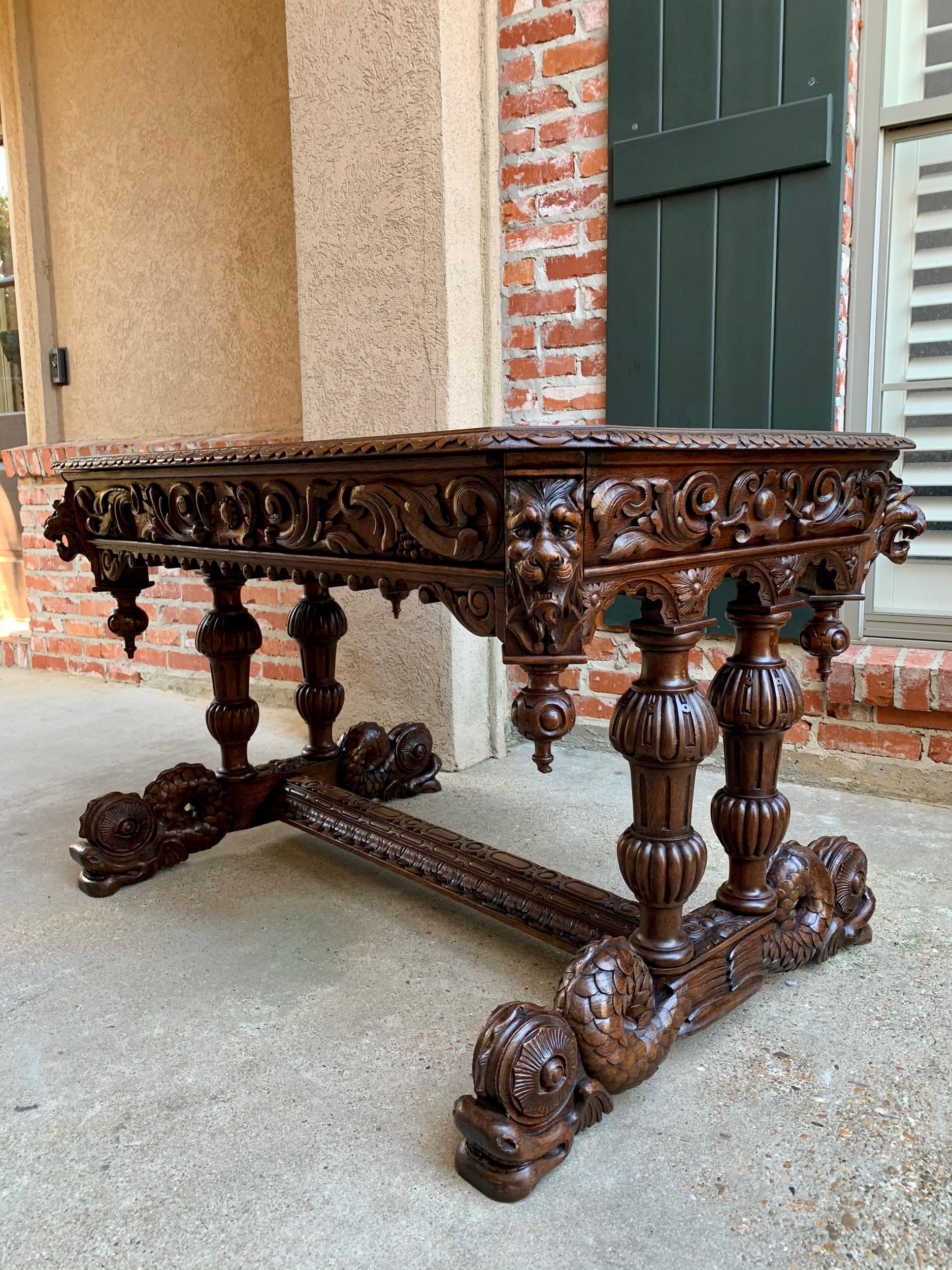 19th century French Carved Oak Desk Sofa Side Table Dolphin Renaissance Gothic In Good Condition In Shreveport, LA