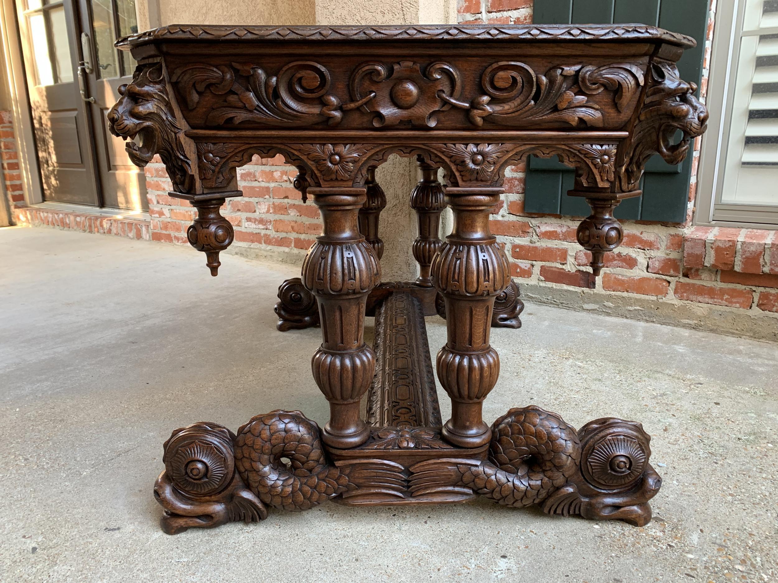 19th Century 19th century French Carved Oak Desk Sofa Side Table Dolphin Renaissance Gothic