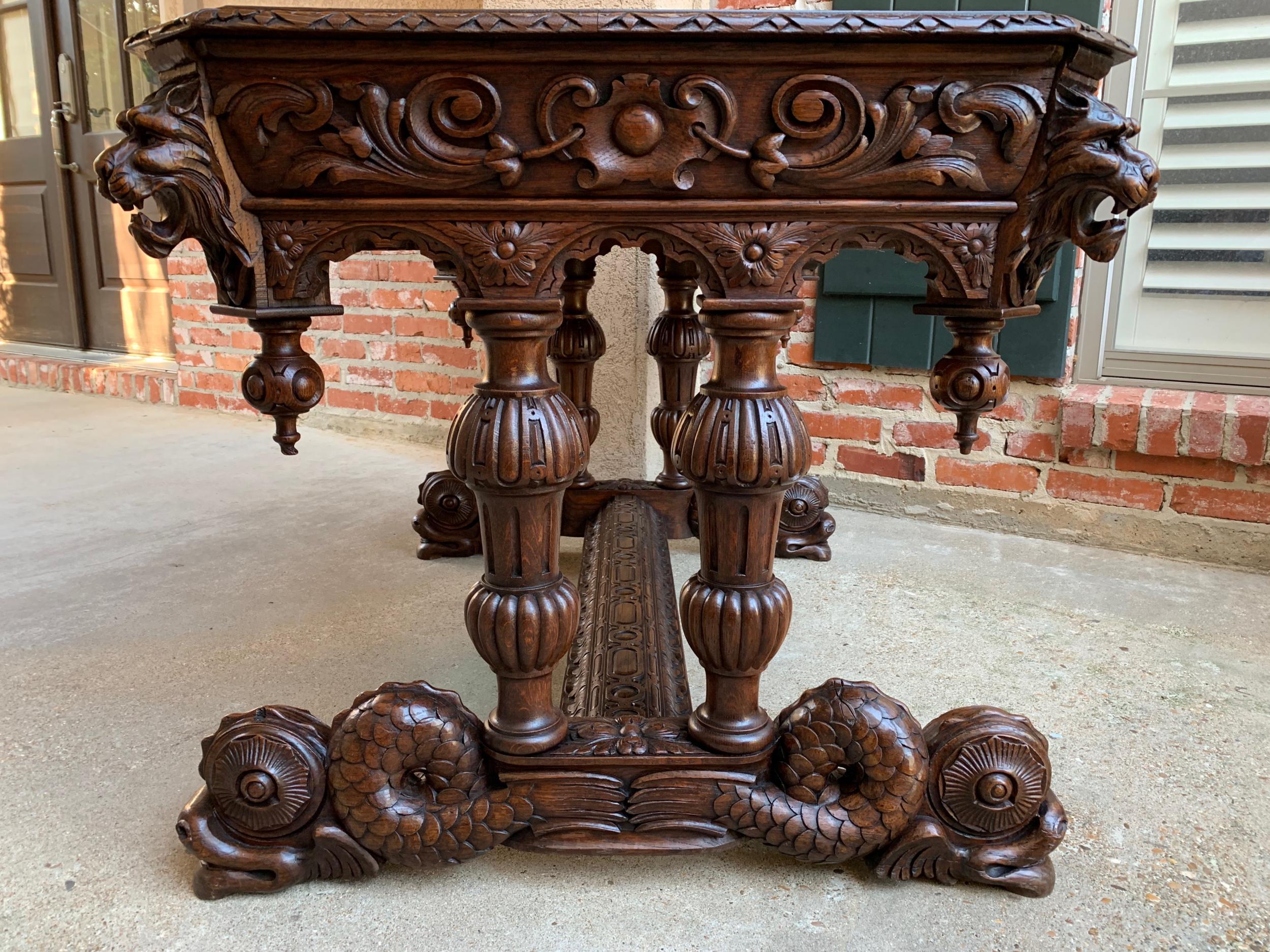 19th century French Carved Oak Desk Sofa Side Table Dolphin Renaissance Gothic 1