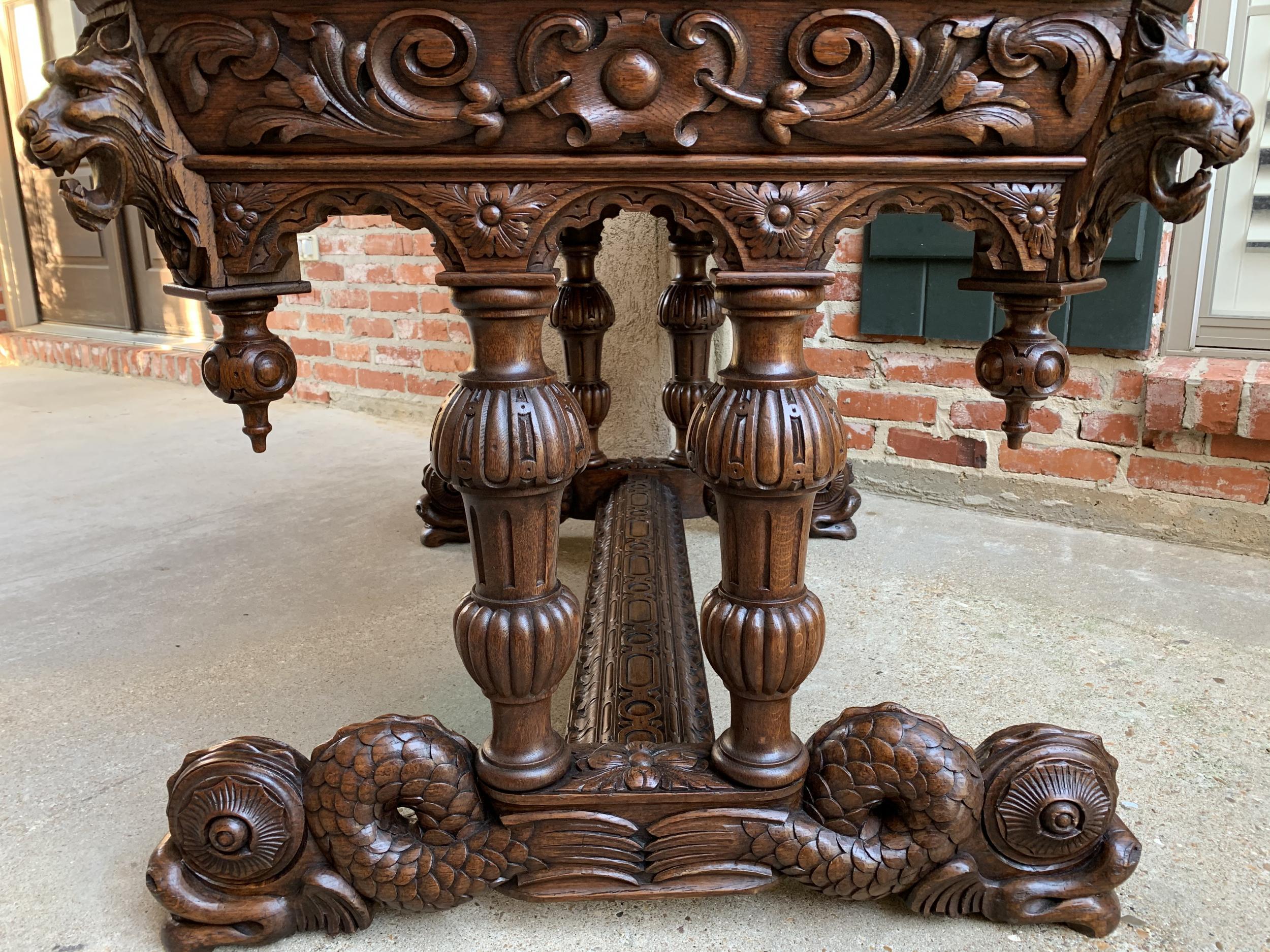 19th century French Carved Oak Desk Sofa Side Table Dolphin Renaissance Gothic 2