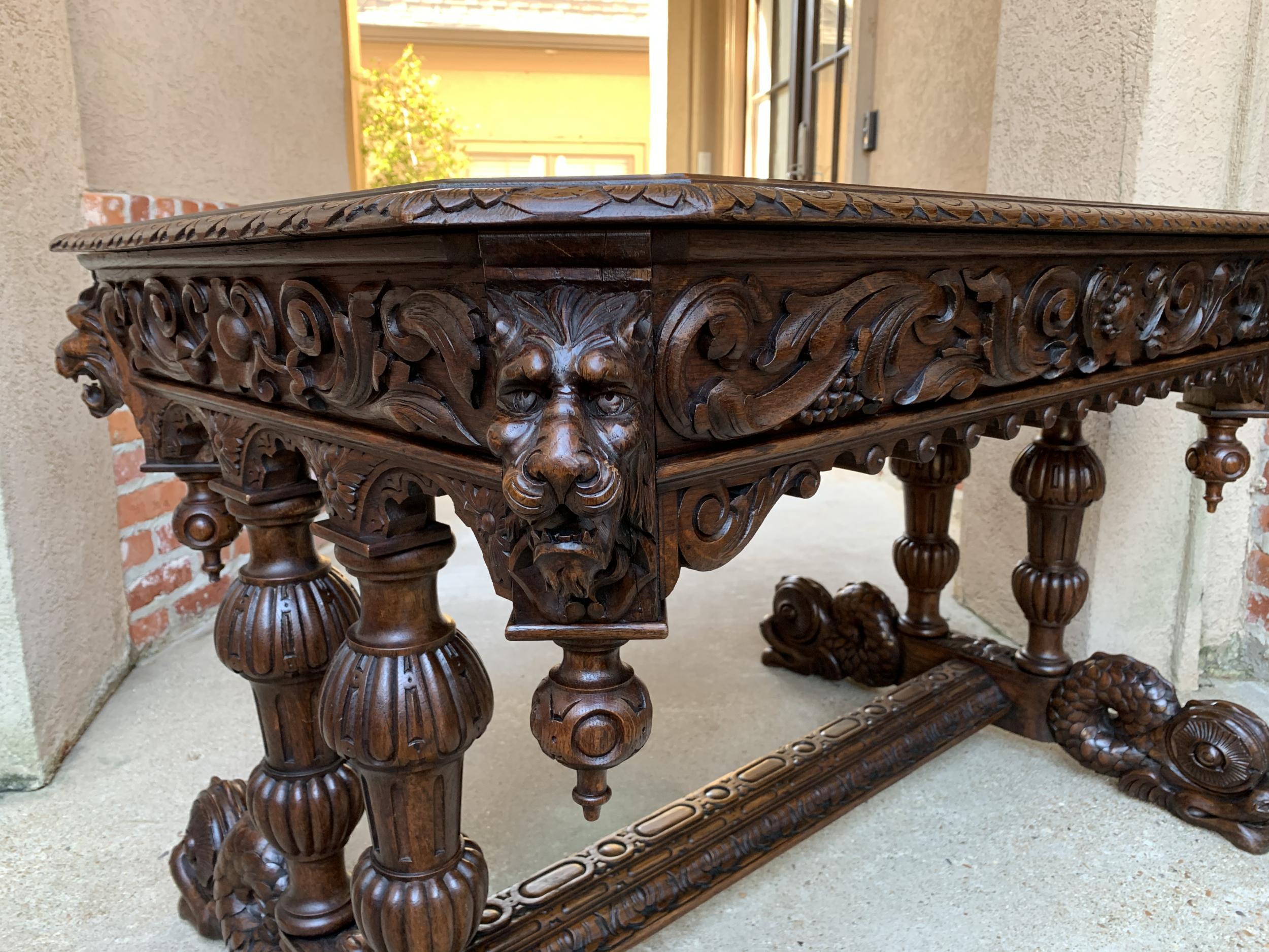 19th century French Carved Oak Desk Sofa Side Table Dolphin Renaissance Gothic 4