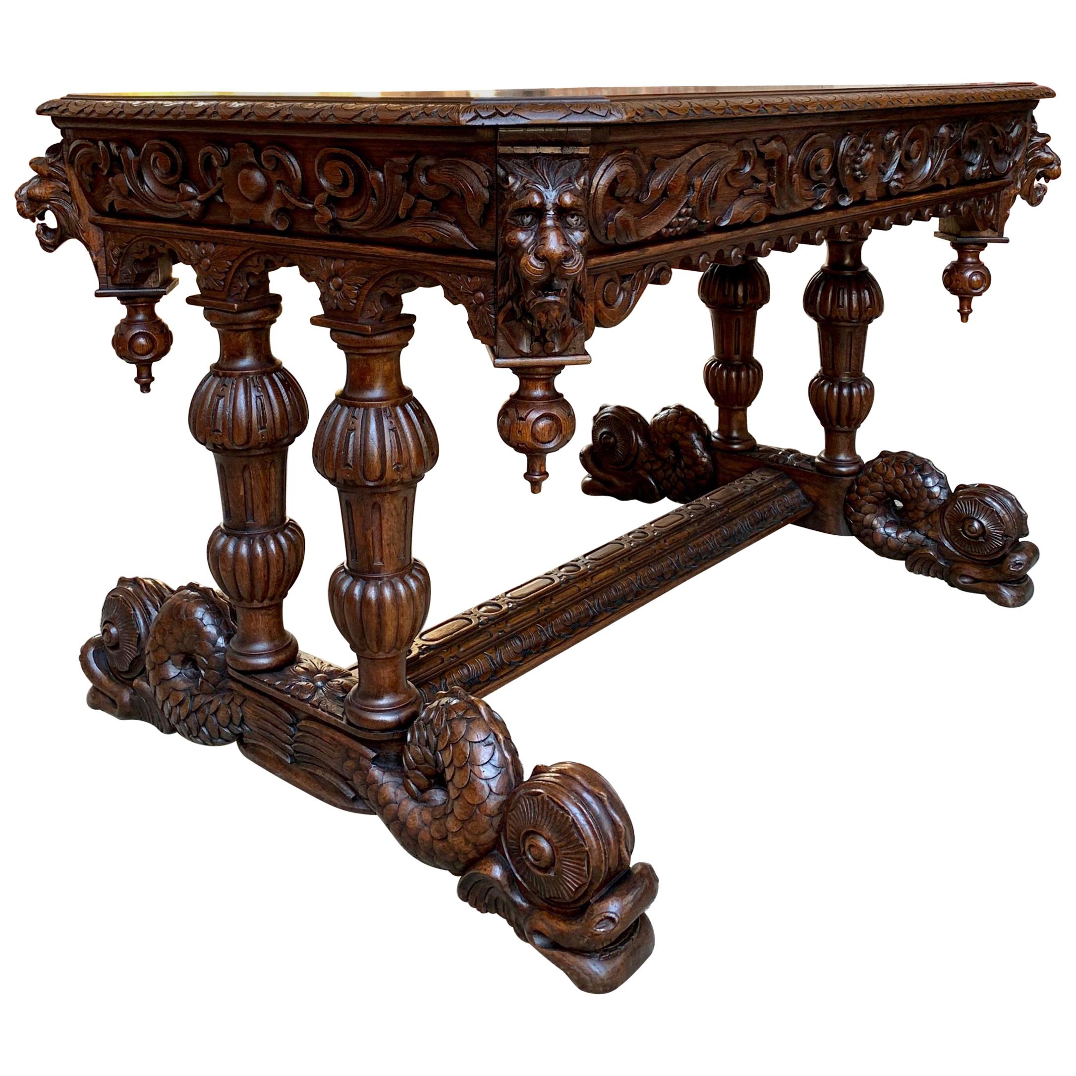 19th century French Carved Oak Desk Sofa Side Table Dolphin Renaissance Gothic