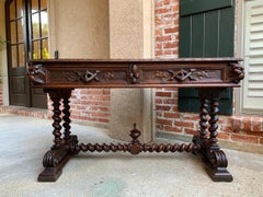 19th Century French Carved Oak Desk Writing Table Barley Twist Louis XIV