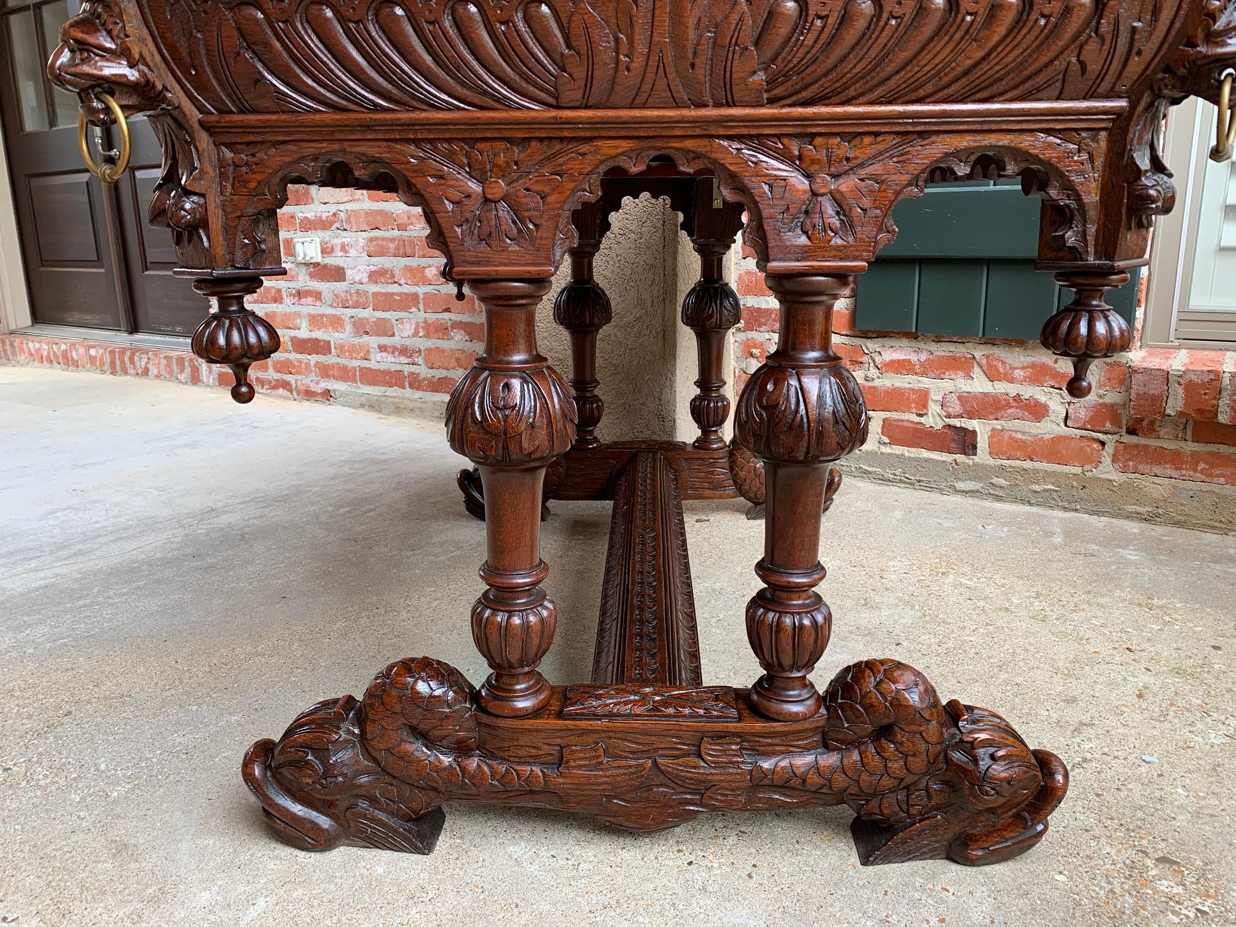 19th Century French Carved Oak Dolphin Library Desk Table Renaissance Gothic 4