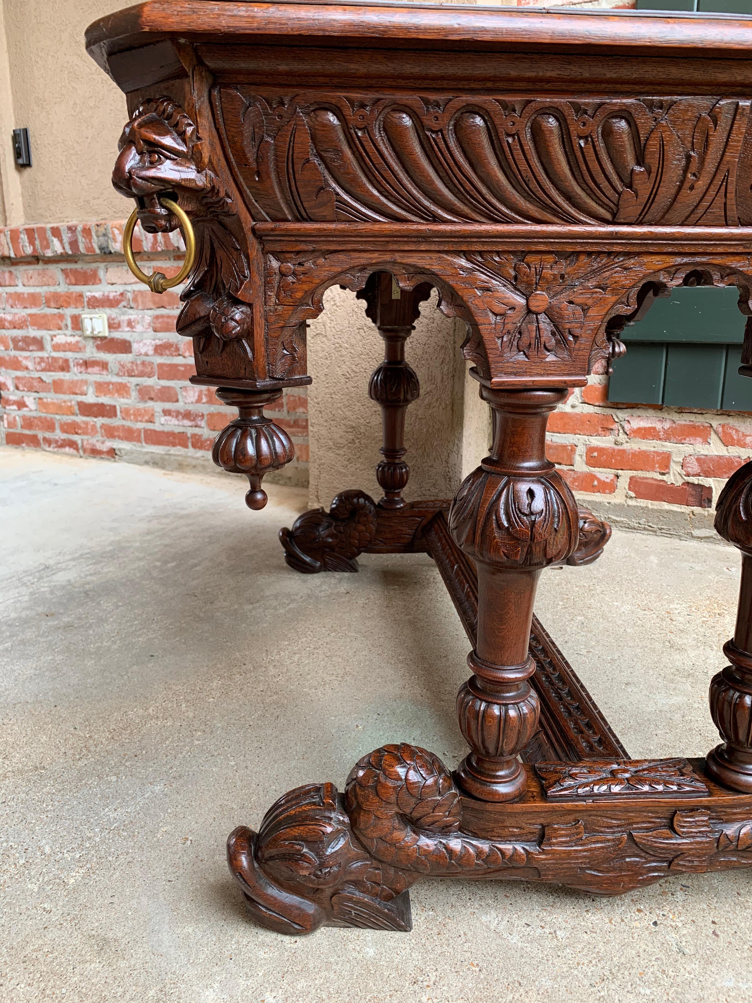 19th Century French Carved Oak Dolphin Library Desk Table Renaissance Gothic 7