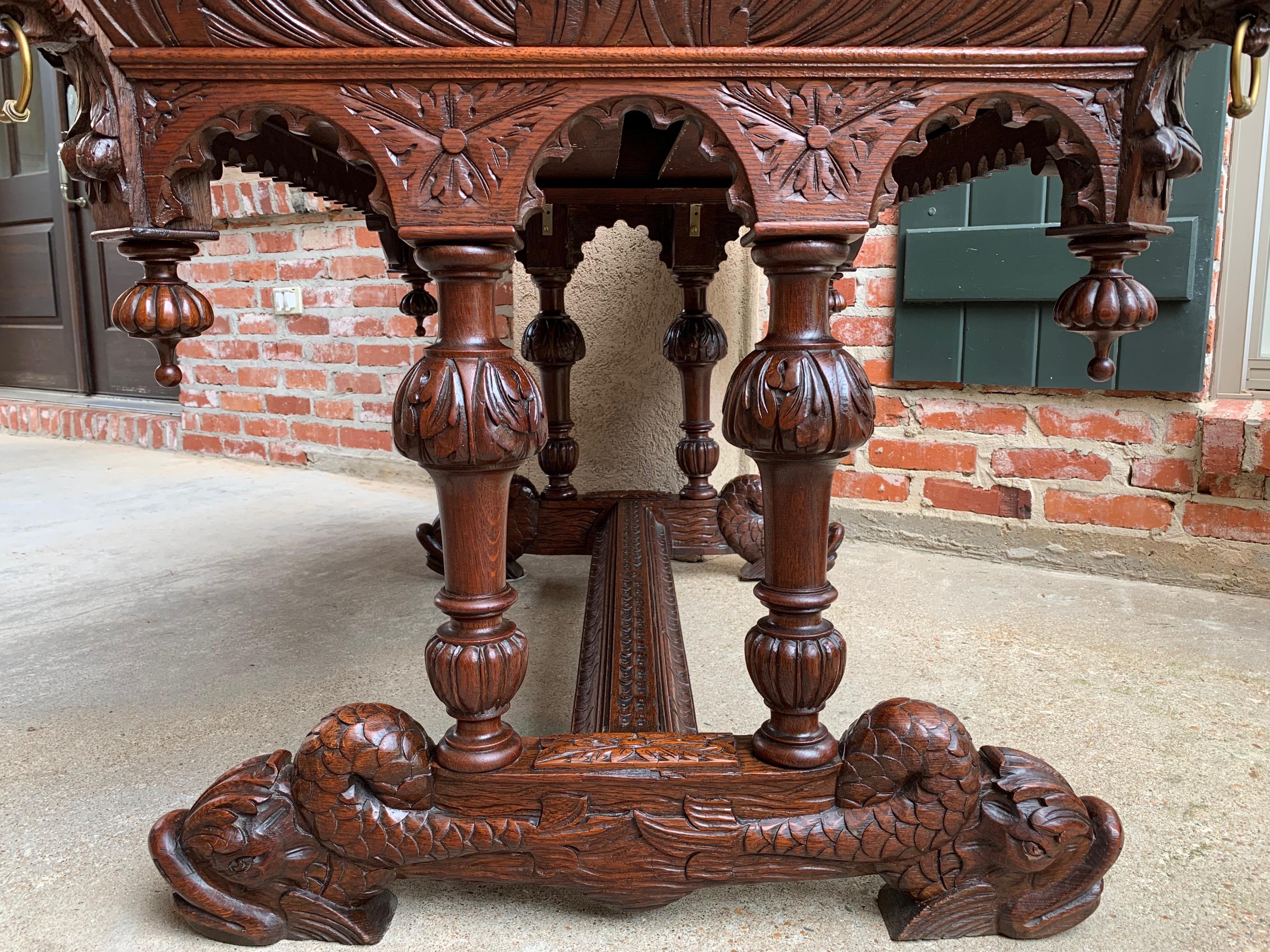 19th Century French Carved Oak Dolphin Library Desk Table Renaissance Gothic 9