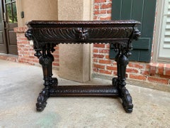 19th Century French Carved Oak Dolphin Library Desk Table Renaissance Gothic