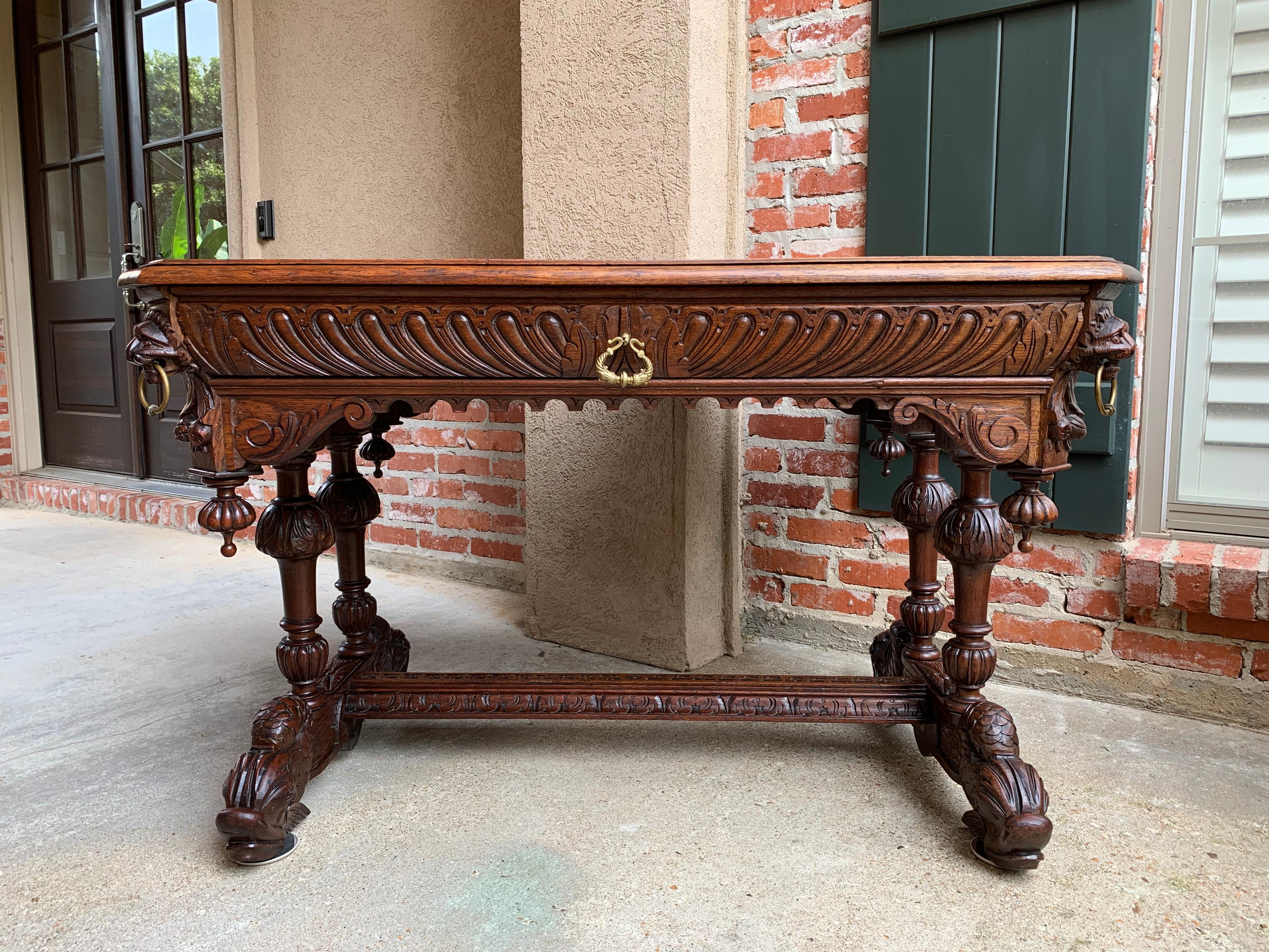 Hand-Carved 19th Century French Carved Oak Dolphin Library Desk Table Renaissance Gothic