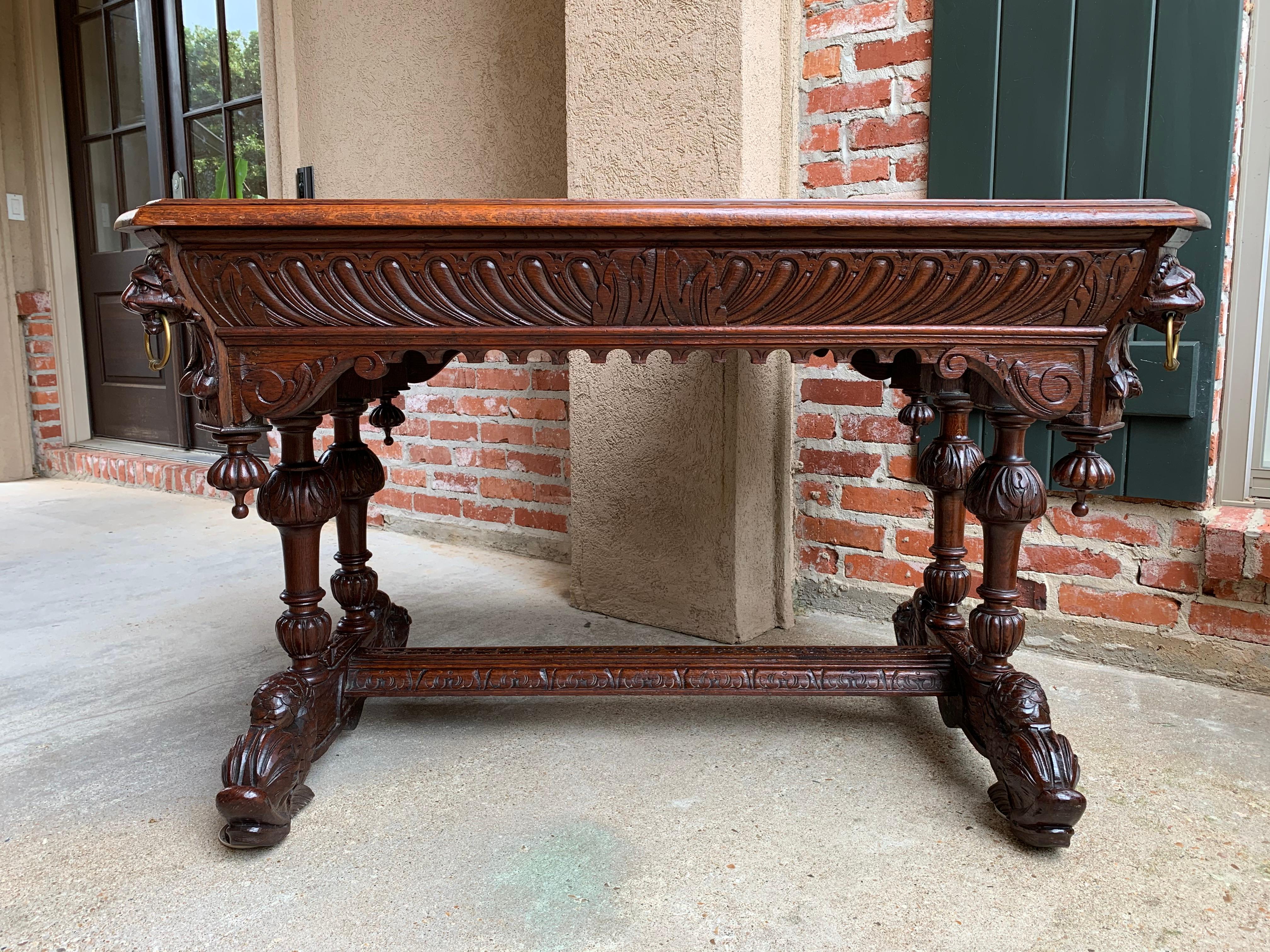 19th Century French Carved Oak Dolphin Library Desk Table Renaissance Gothic In Good Condition In Shreveport, LA