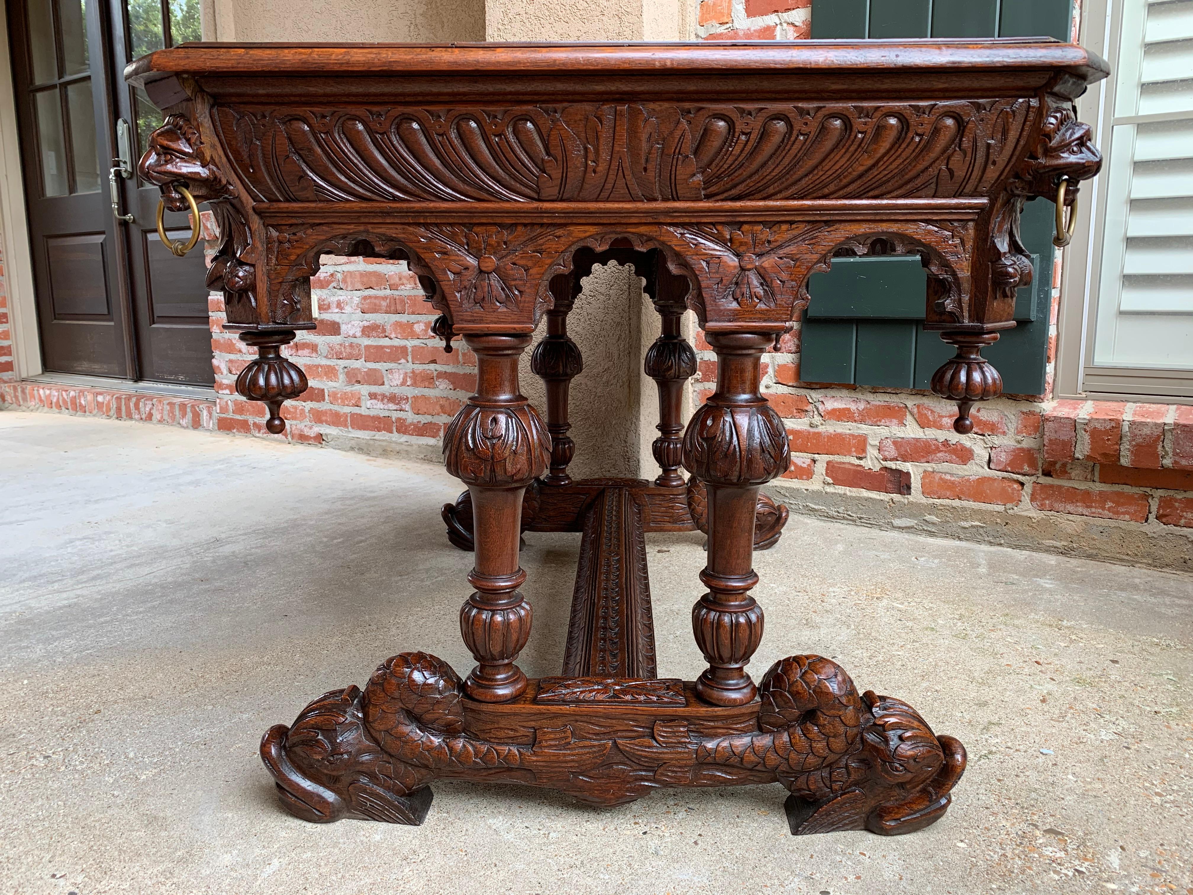19th Century French Carved Oak Dolphin Library Desk Table Renaissance Gothic 1