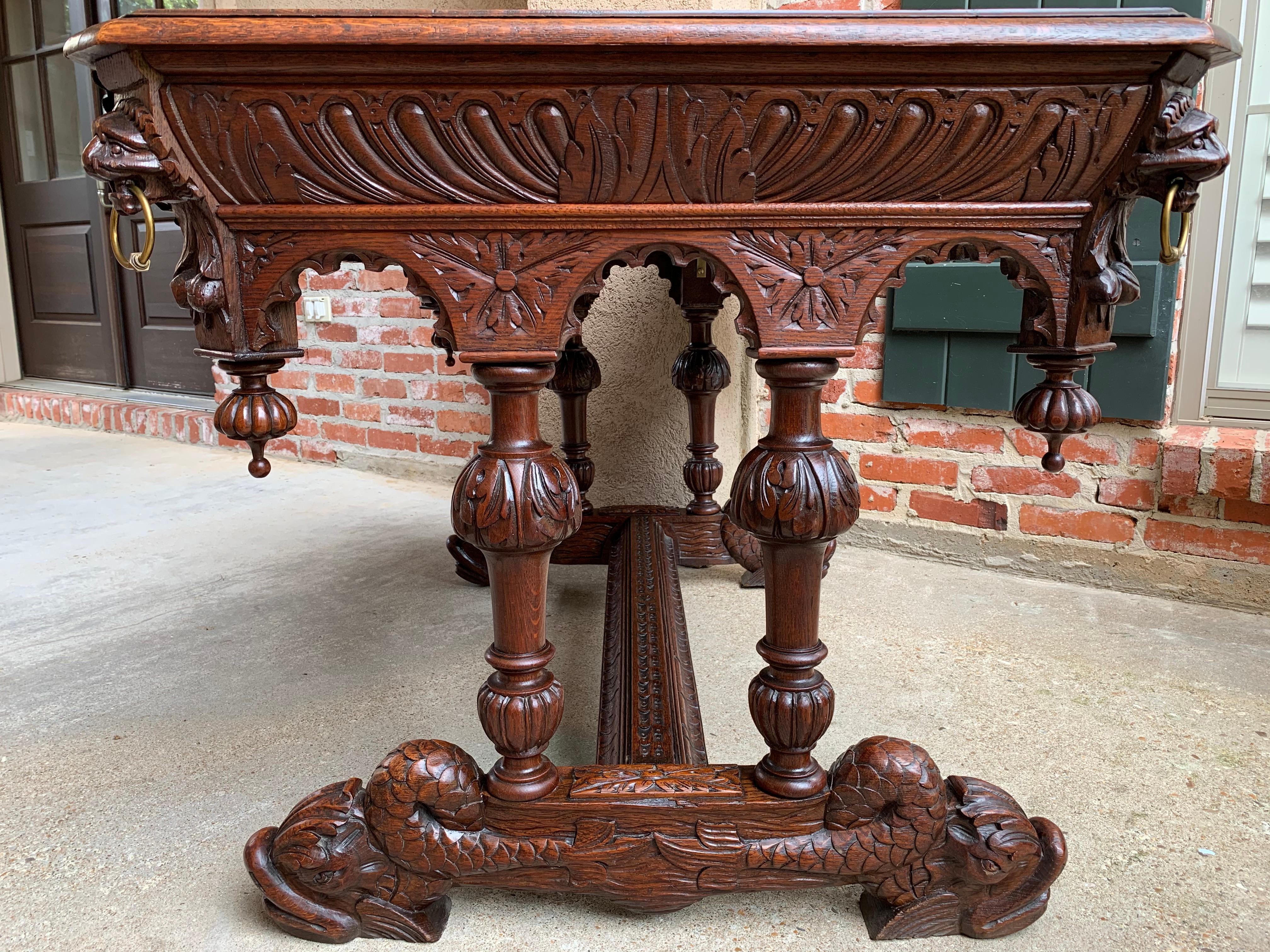 19th Century French Carved Oak Dolphin Library Desk Table Renaissance Gothic 2