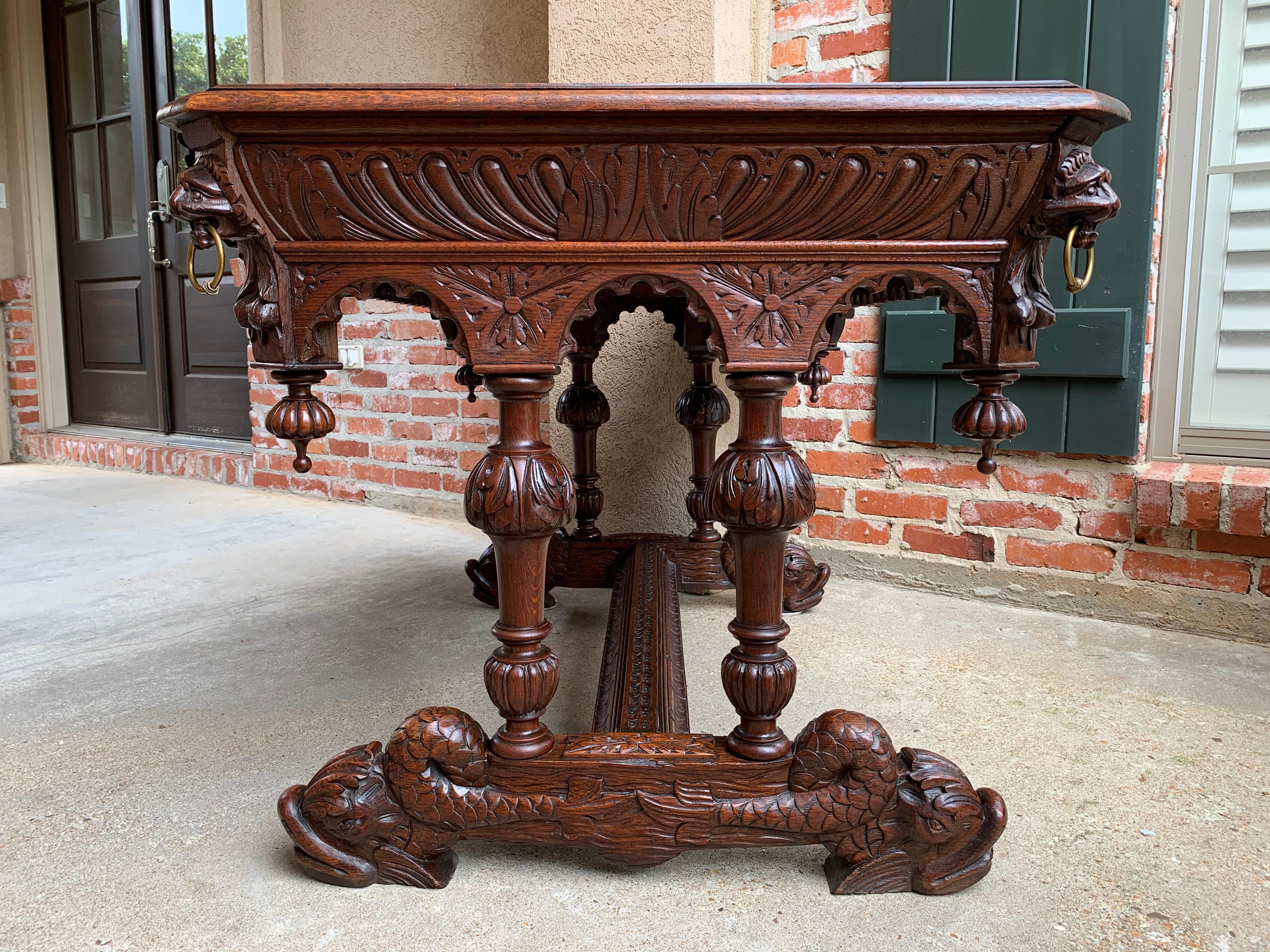 19th Century French Carved Oak Dolphin Library Desk Table Renaissance Gothic 3