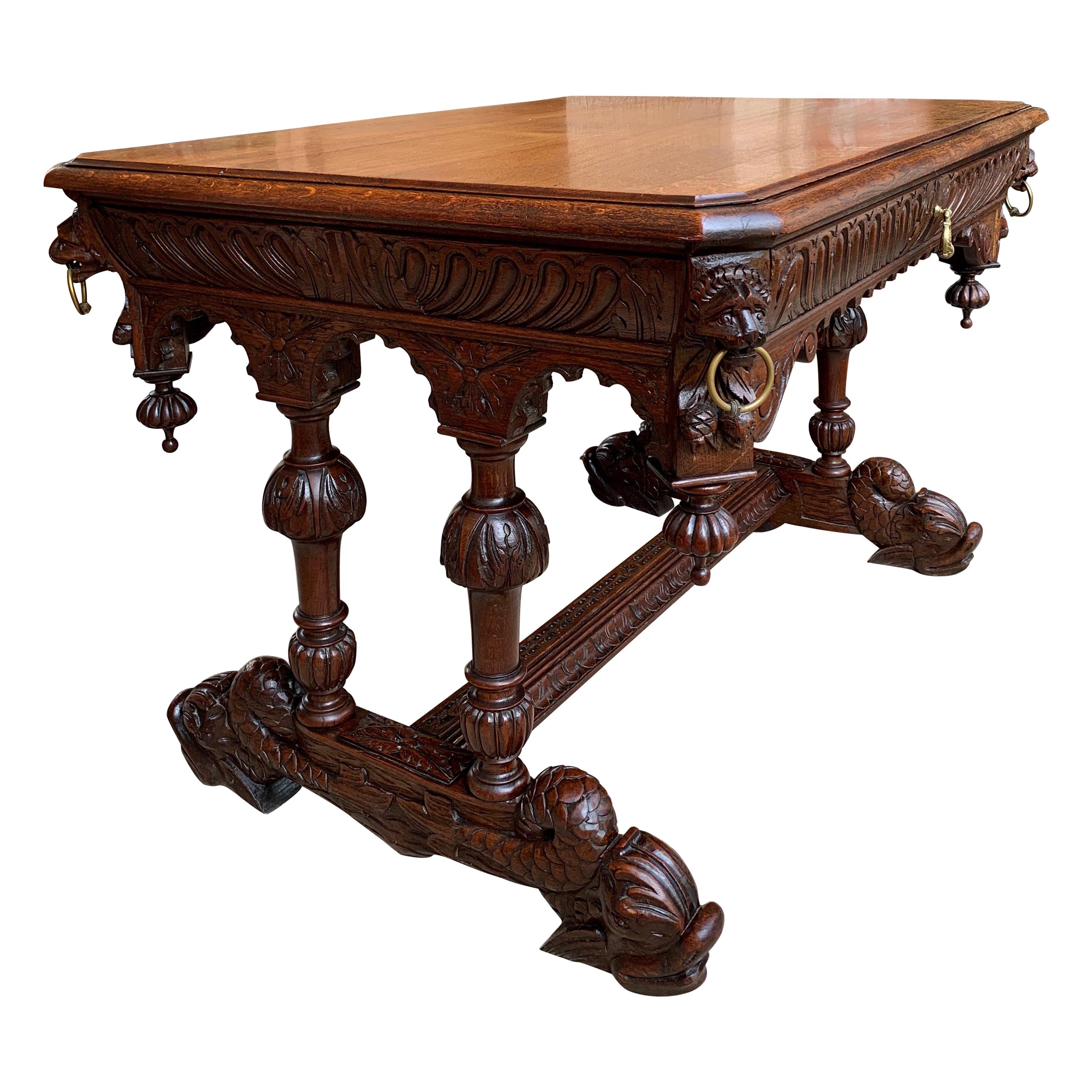 19th Century French Carved Oak Dolphin Library Desk Table Renaissance Gothic