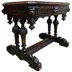 Antique 19th Century French Carved Oak Dolphin Library Desk Table Renaissance Gothic