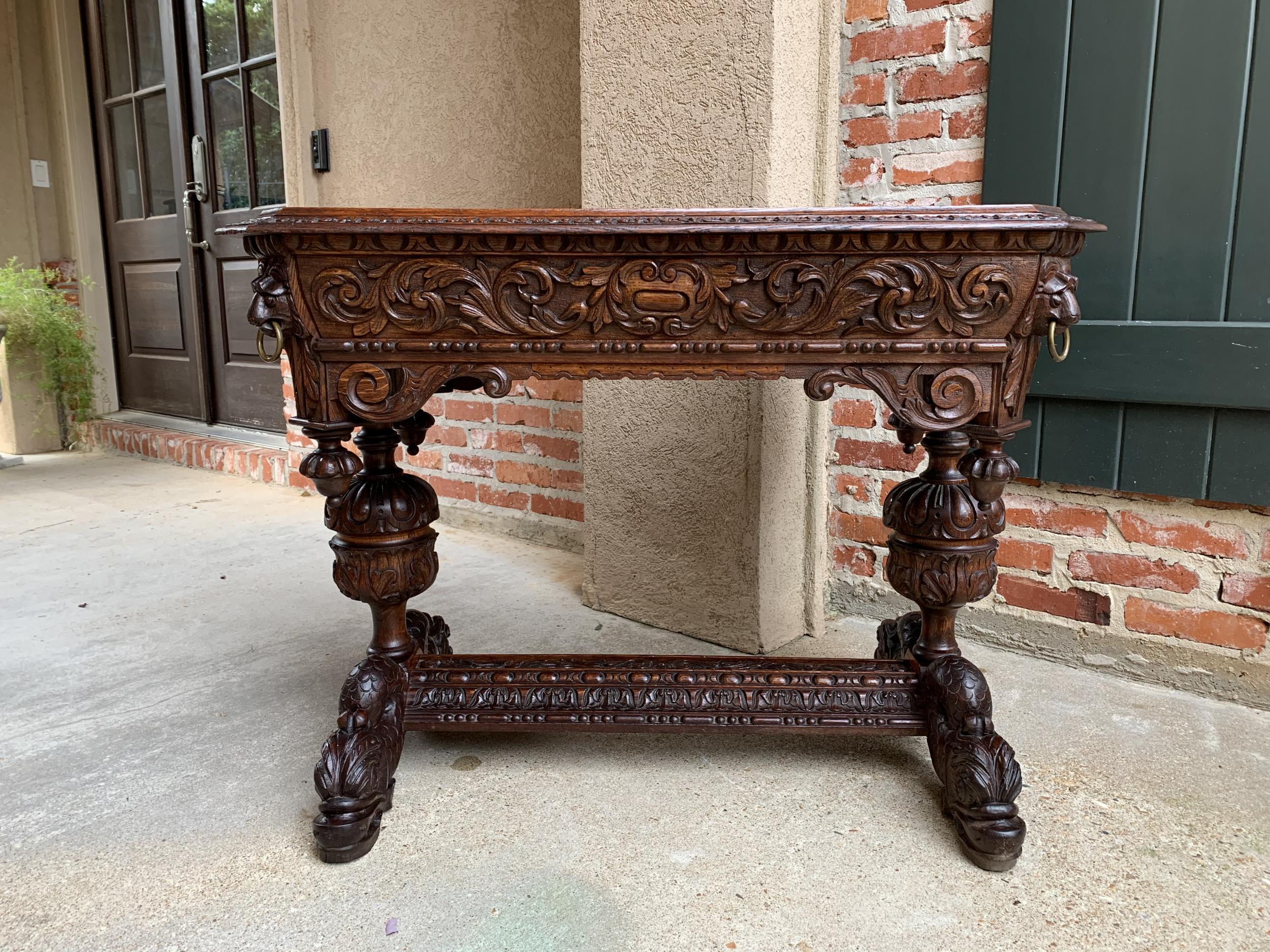 19th Century French Carved Oak Dolphin Library Table Desk Renaissance Gothic 6