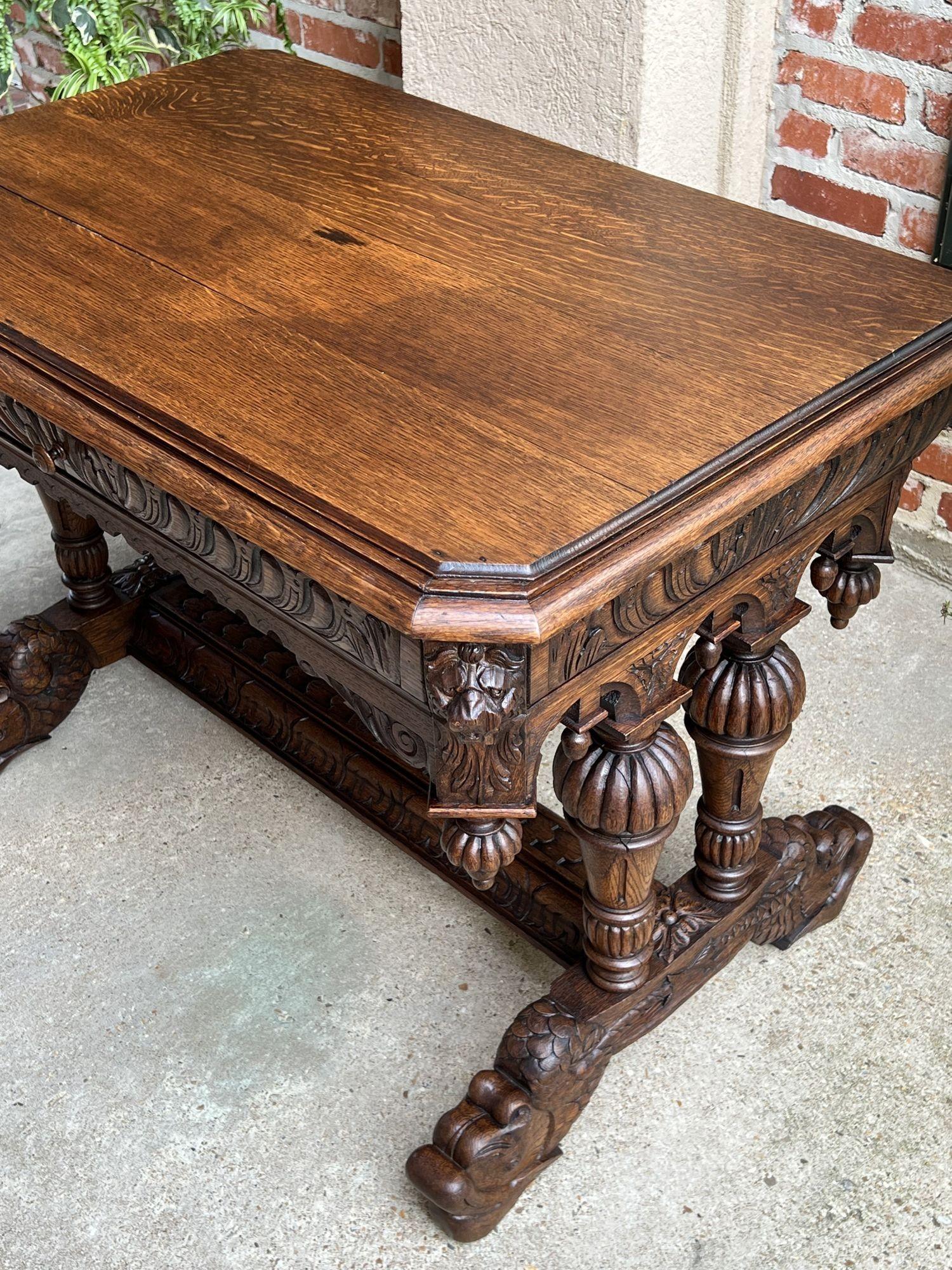 19th Century French Carved Oak Dolphin Library Table Desk Renaissance Gothic For Sale 4