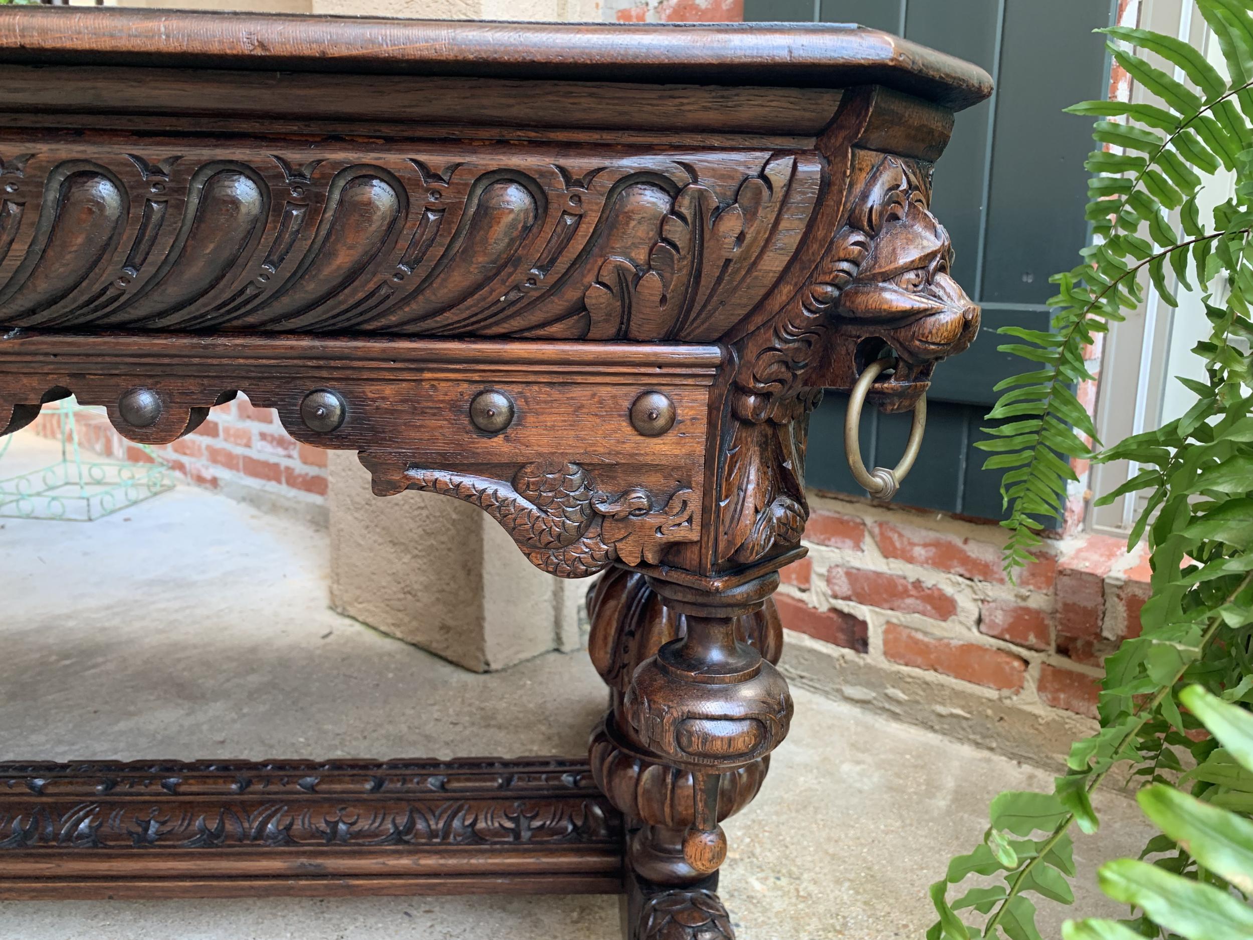 19th Century French Carved Oak Dolphin Library Table Desk Renaissance Gothic 7