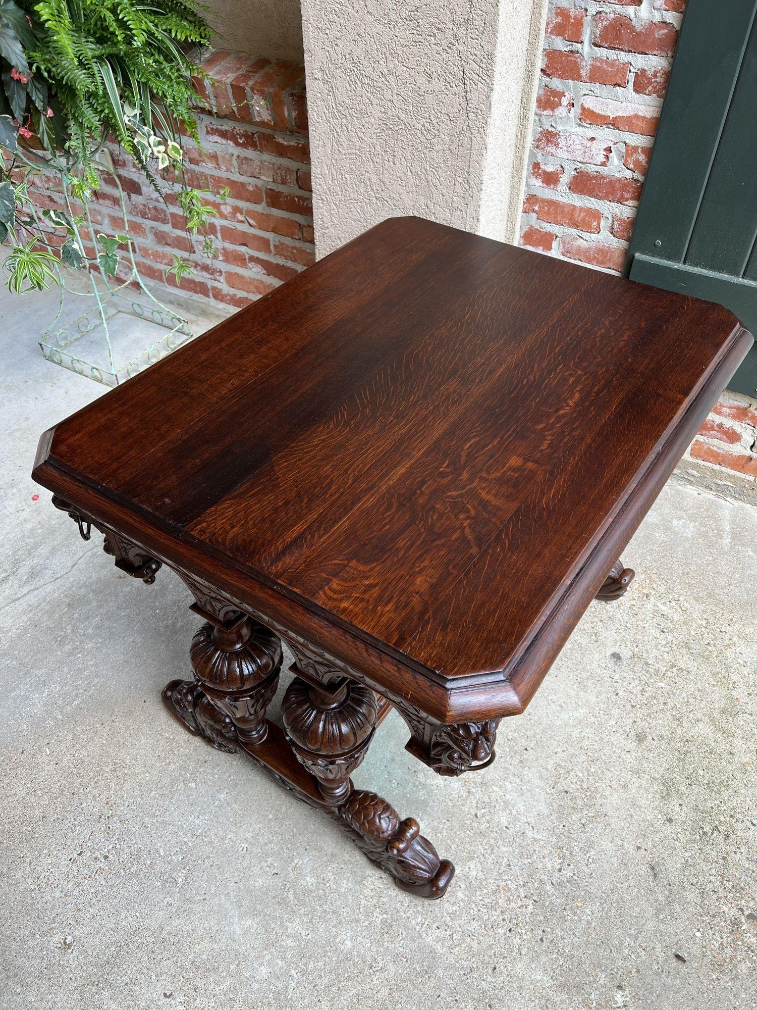 Antique French Carved Oak Dolphin Library Table Desk Renaissance Gothic c1890 For Sale 6