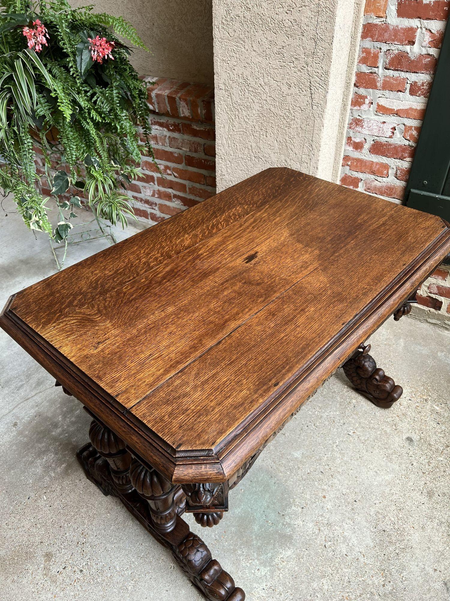 19th Century French Carved Oak Dolphin Library Table Desk Renaissance Gothic For Sale 5