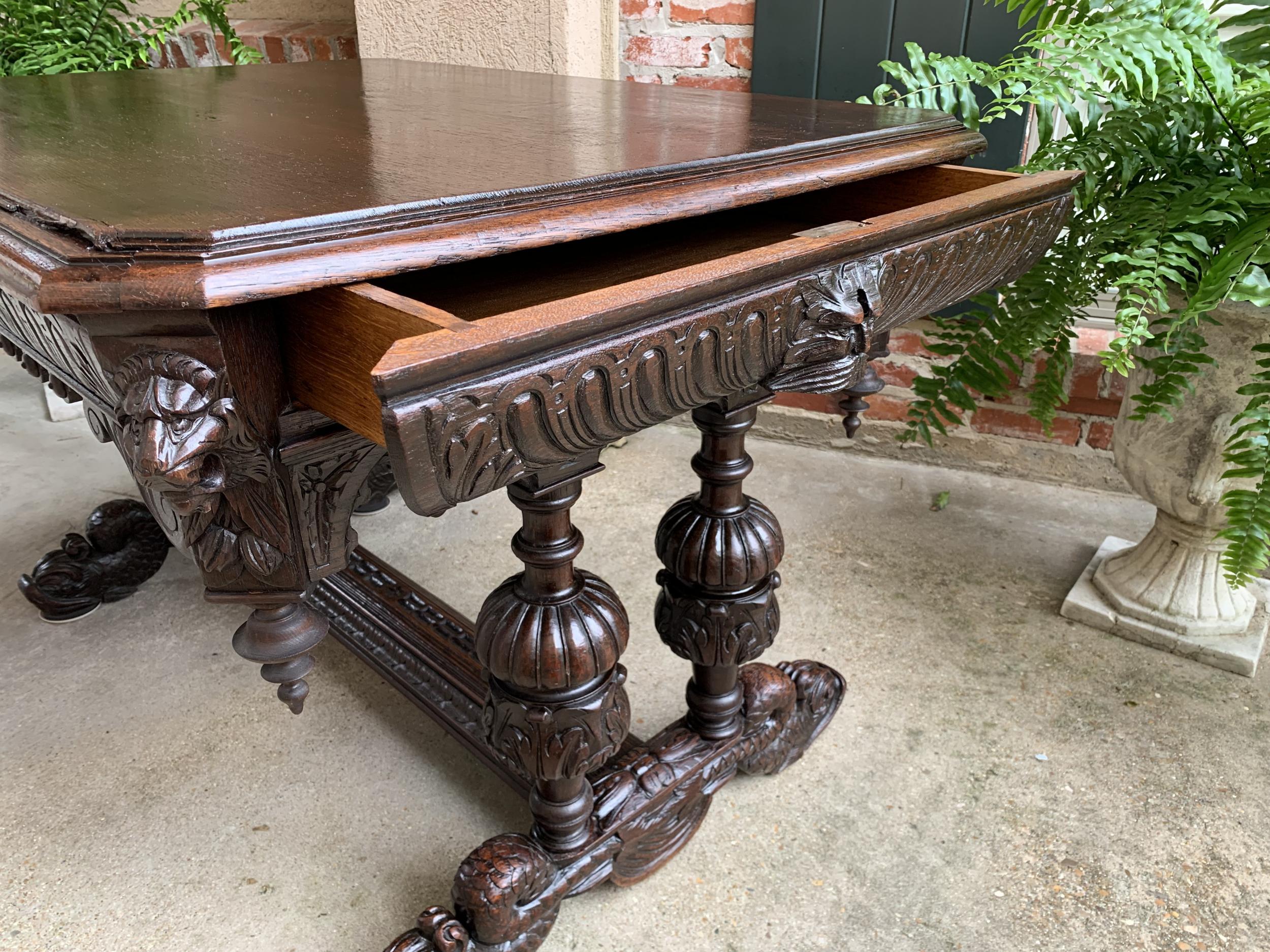 19th Century French Carved Oak Dolphin Library Table Desk Renaissance Gothic 7