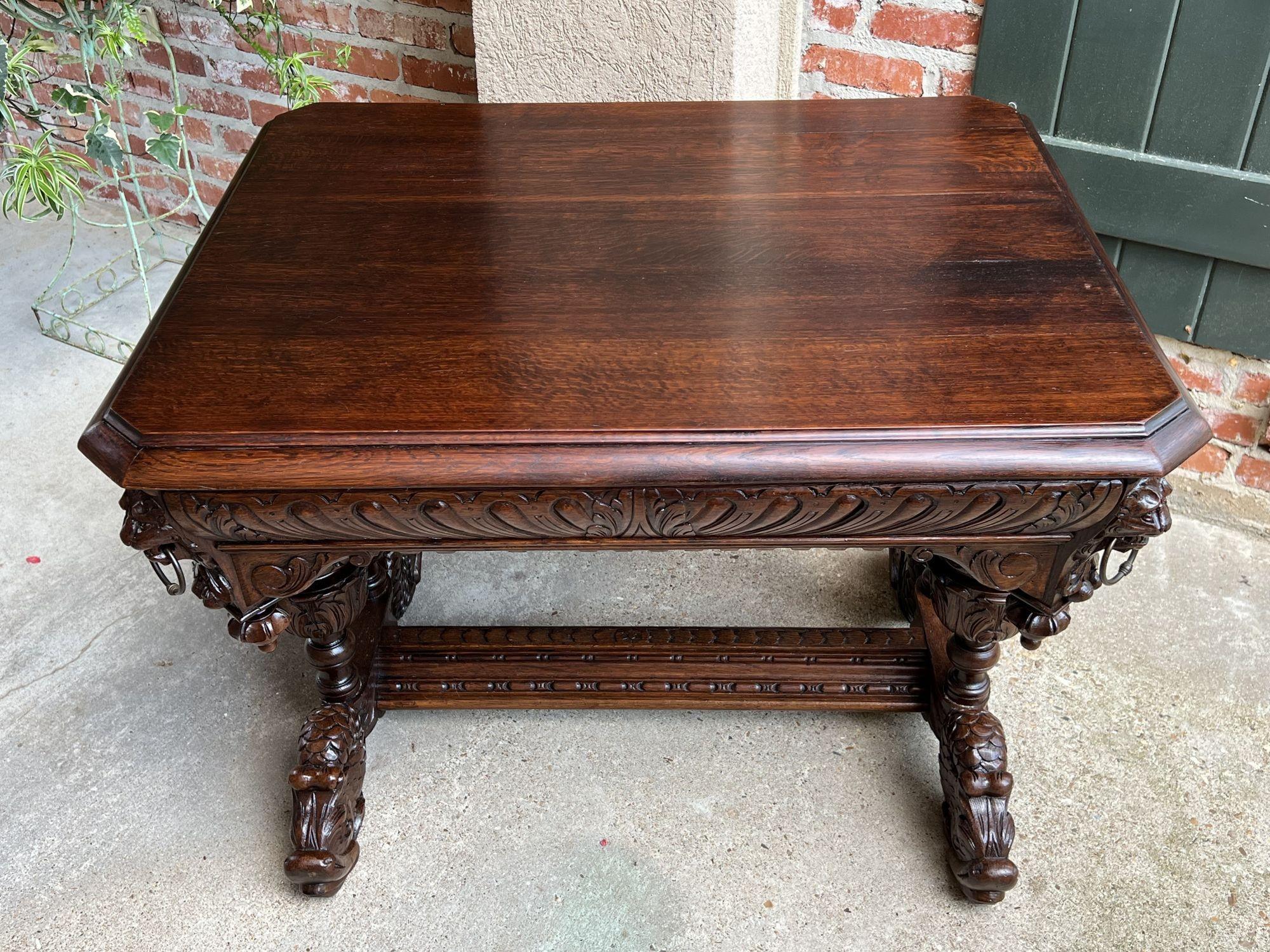 Antique French Carved Oak Dolphin Library Table Desk Renaissance Gothic c1890 For Sale 7