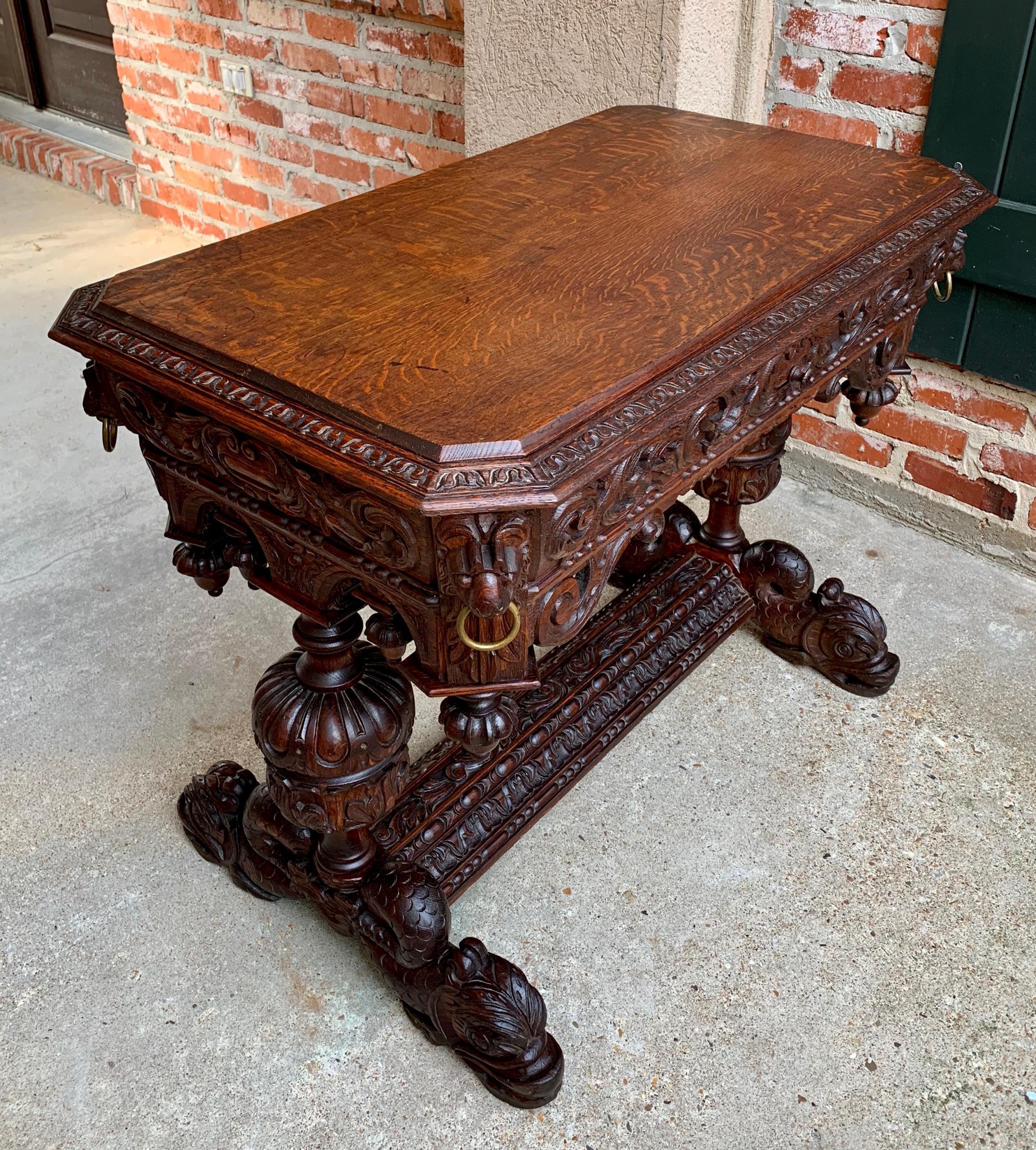 19th Century French Carved Oak Dolphin Library Table Desk Renaissance Gothic 9