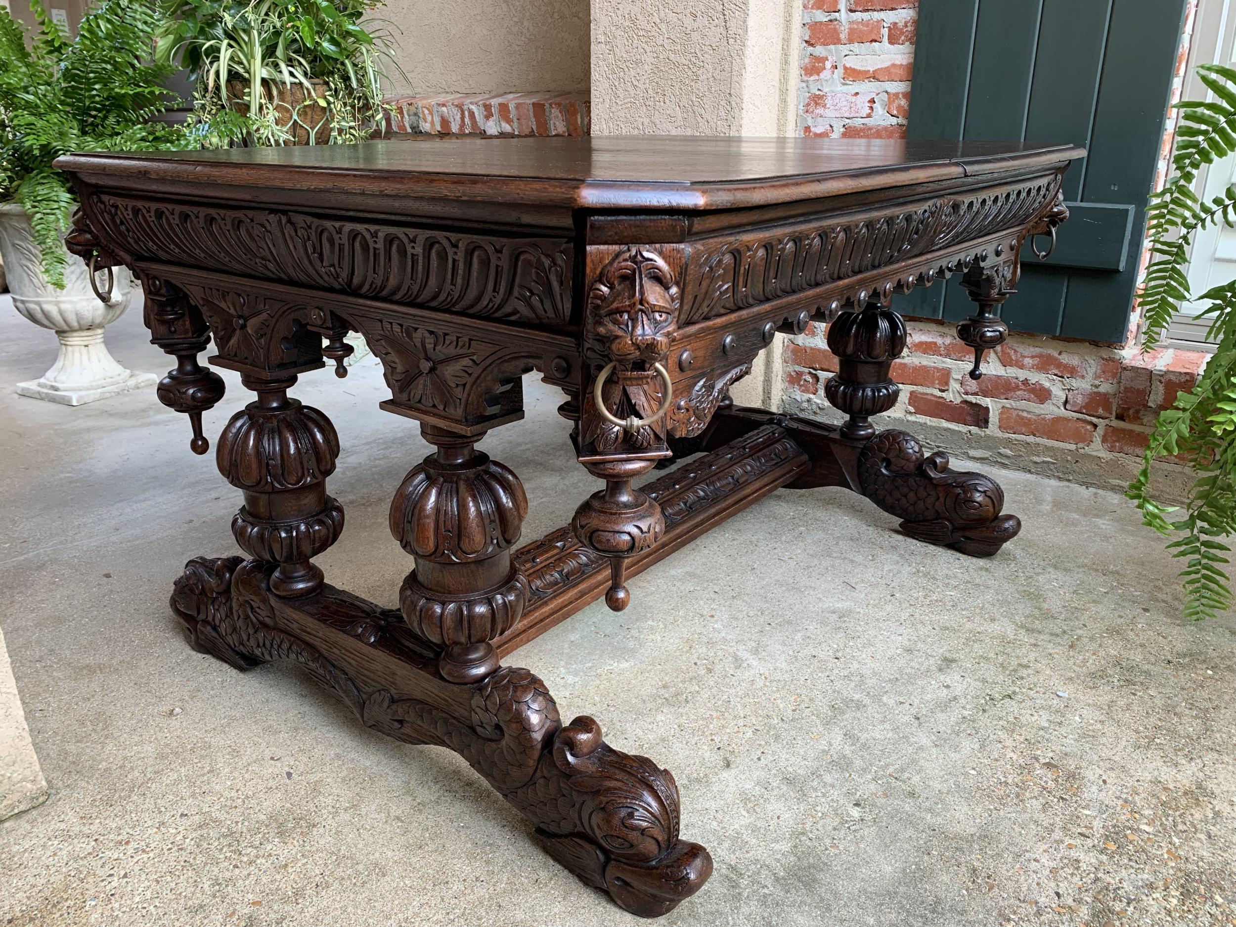 19th Century French Carved Oak Dolphin Library Table Desk Renaissance Gothic 9