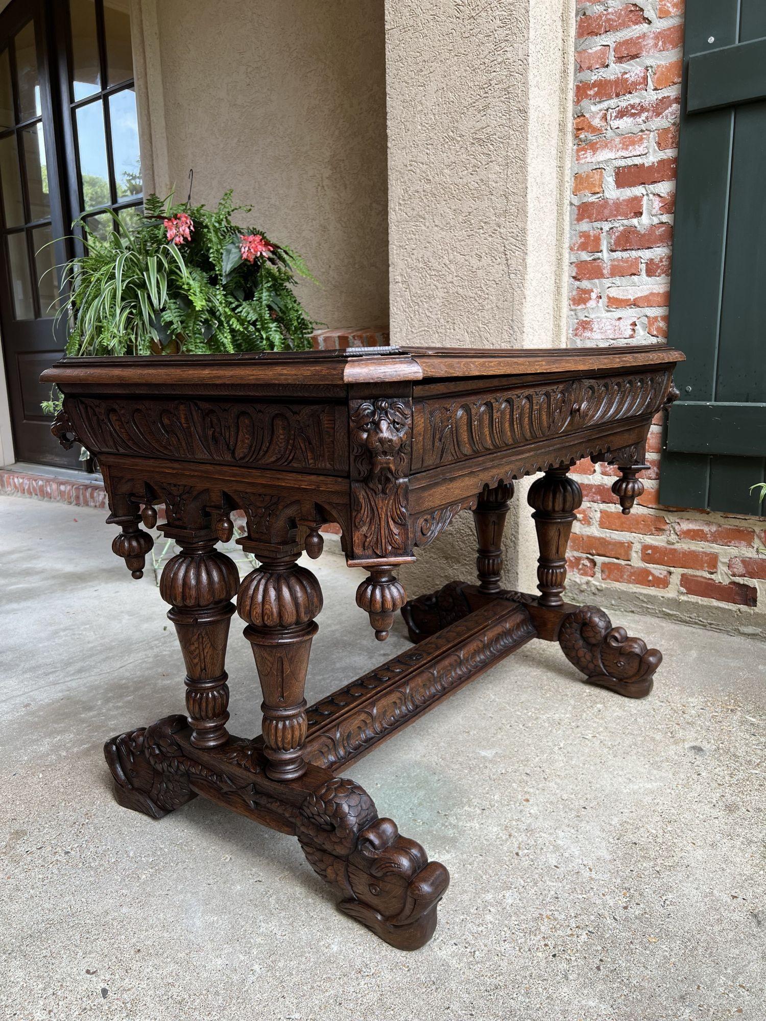 19th Century French Carved Oak Dolphin Library Table Desk Renaissance Gothic For Sale 7