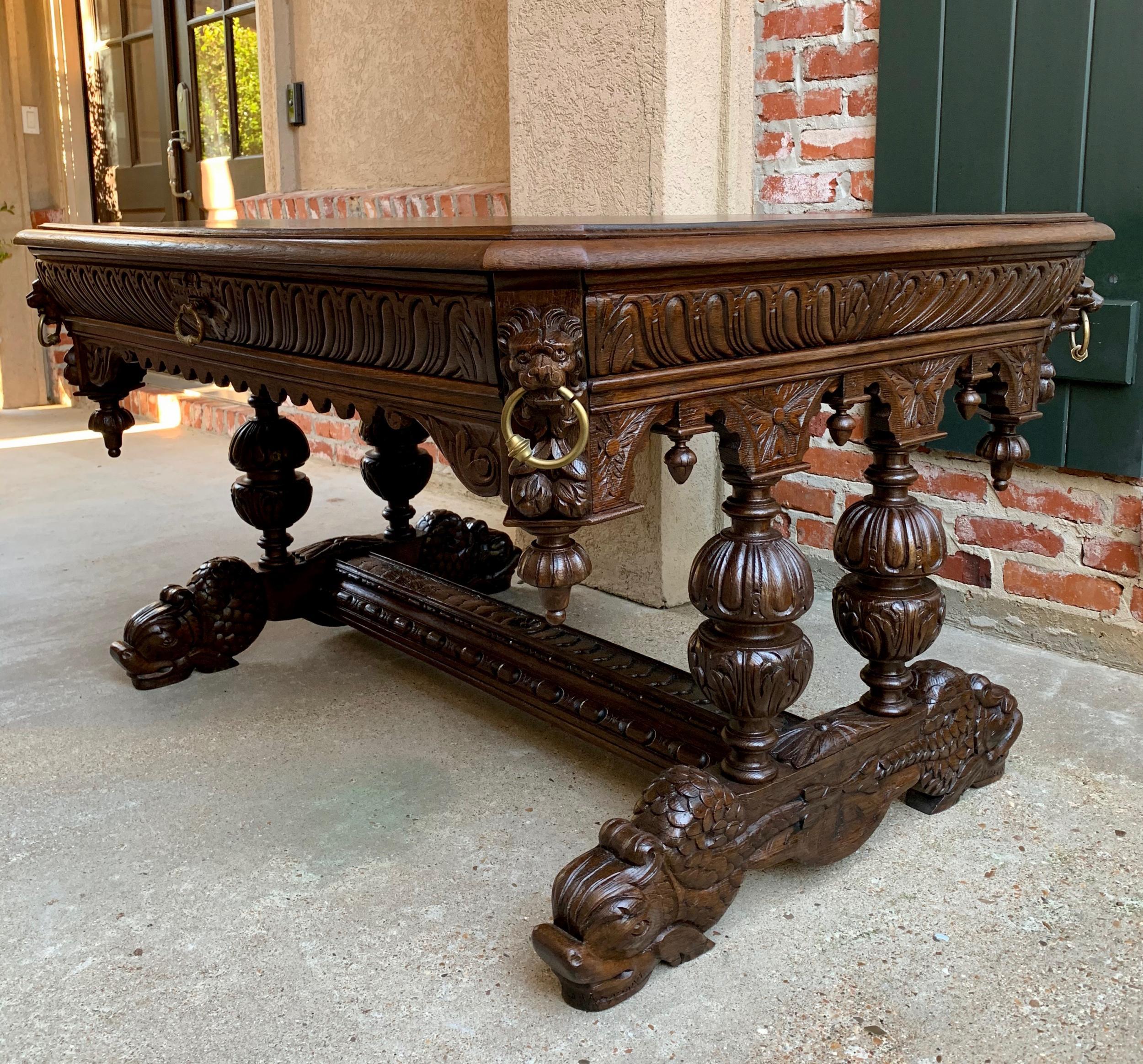 19th Century French Carved Oak Dolphin Library Table Desk Renaissance Gothic 8