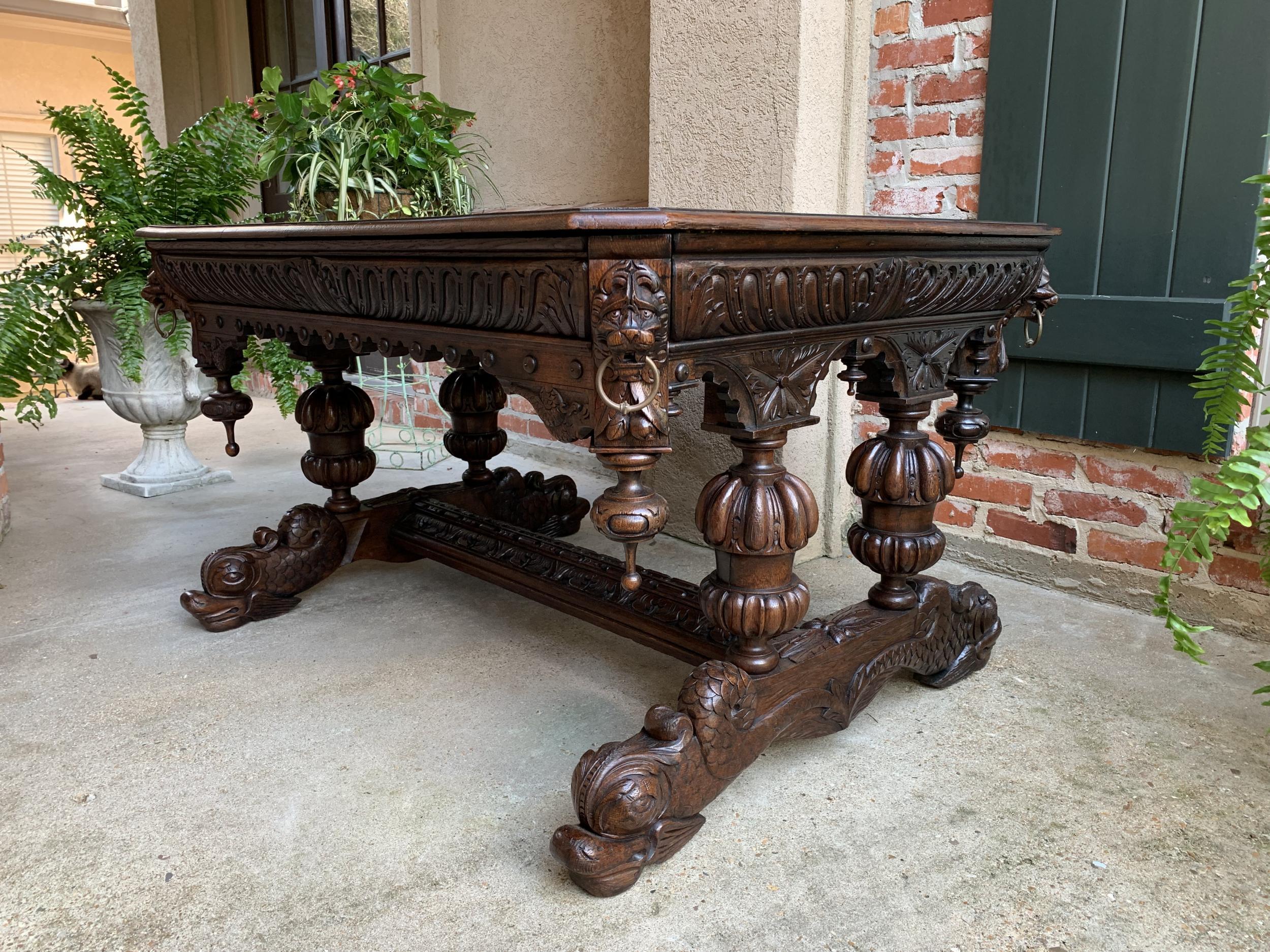 19th Century French Carved Oak Dolphin Library Table Desk Renaissance Gothic 10