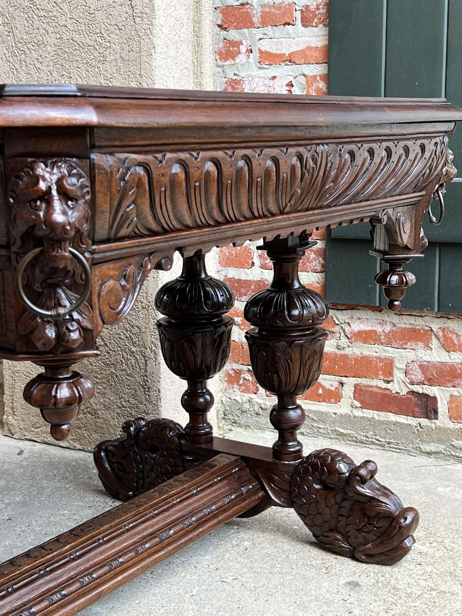 Antique French Carved Oak Dolphin Library Table Desk Renaissance Gothic c1890 For Sale 9