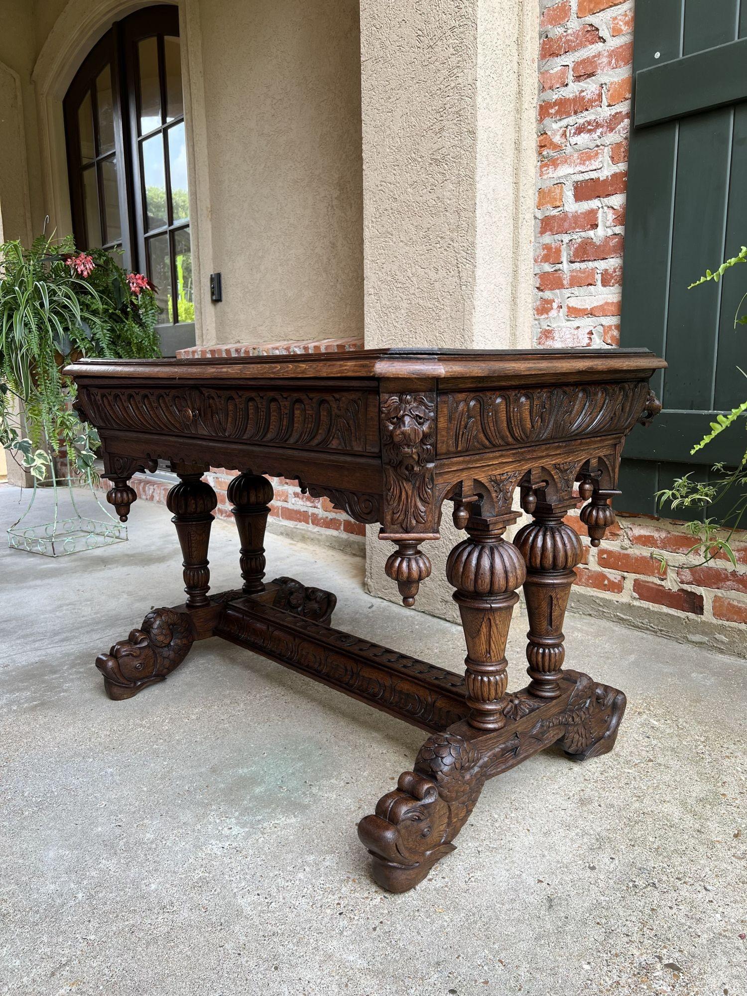 19th Century French Carved Oak Dolphin Library Table Desk Renaissance Gothic For Sale 8