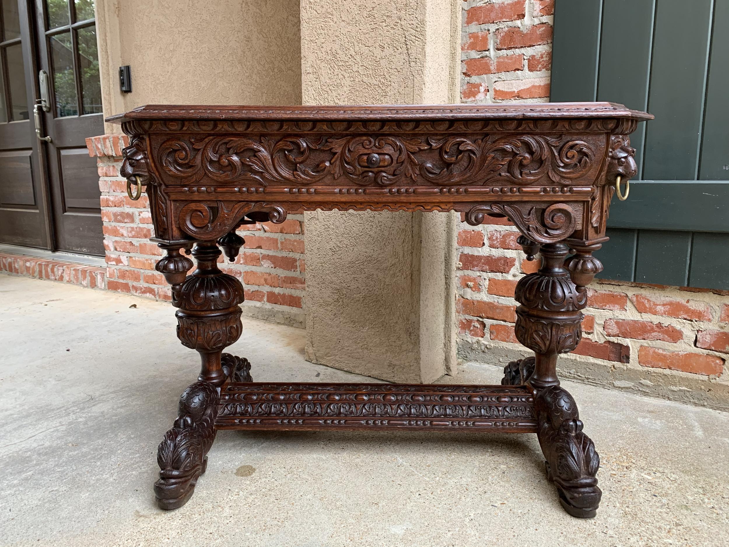 19th Century French Carved Oak Dolphin Library Table Desk Renaissance Gothic 11