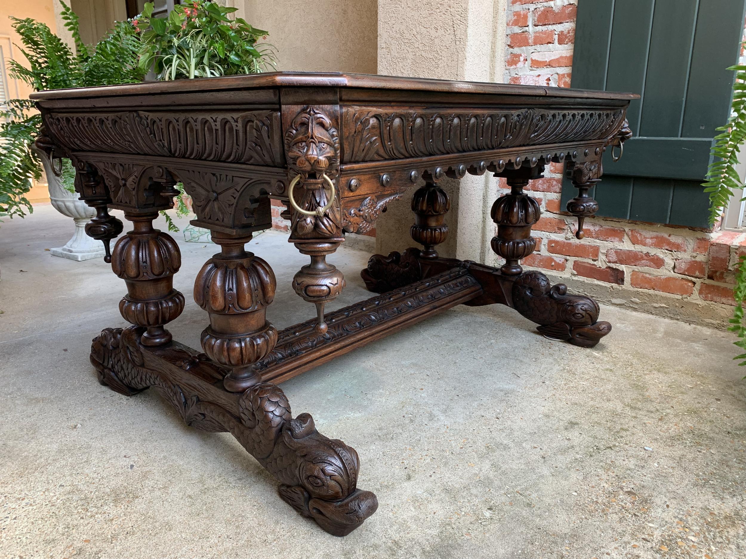 19th Century French Carved Oak Dolphin Library Table Desk Renaissance Gothic 11