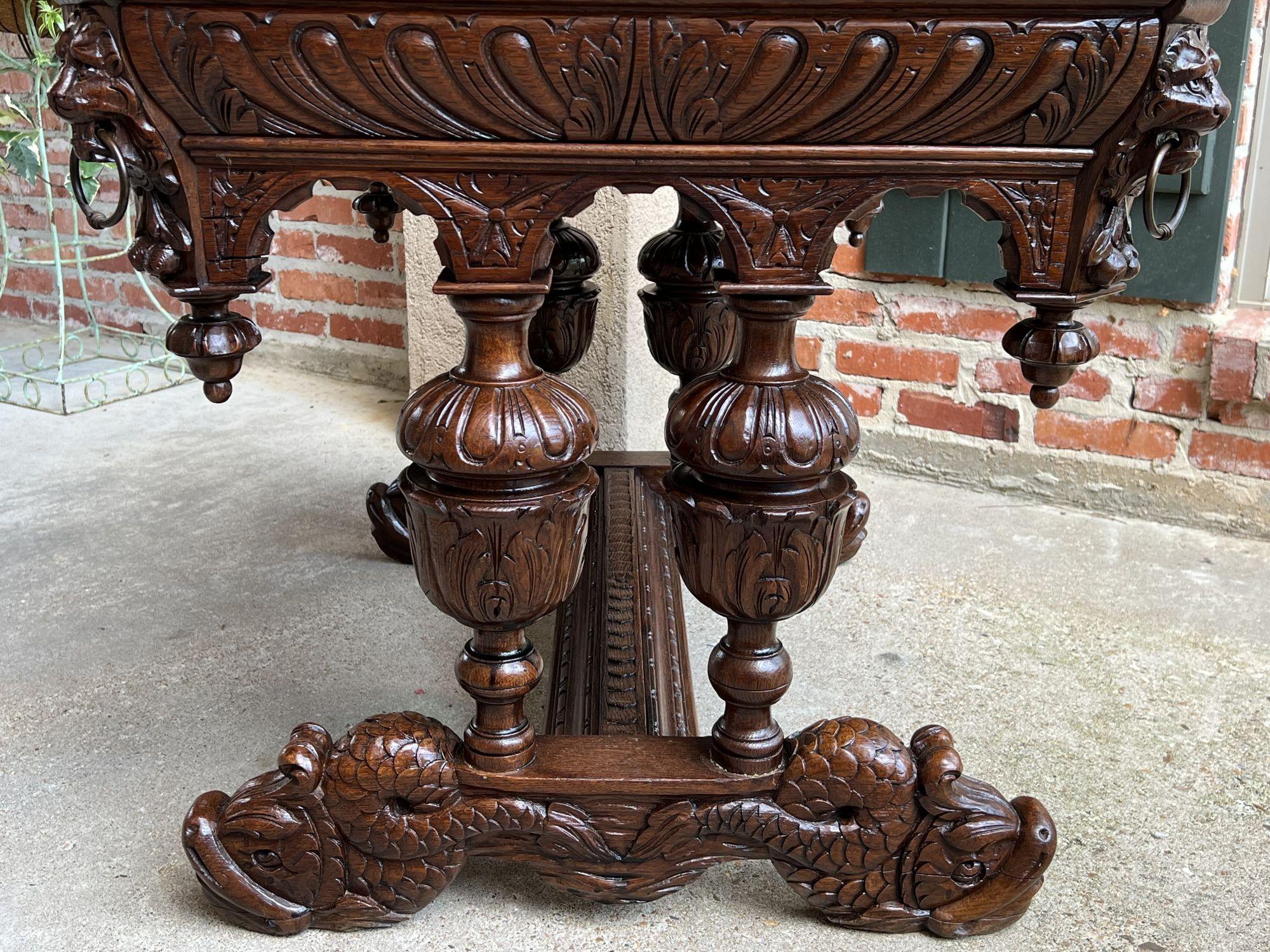 Antique French Carved Oak Dolphin Library Table Desk Renaissance Gothic c1890 For Sale 10