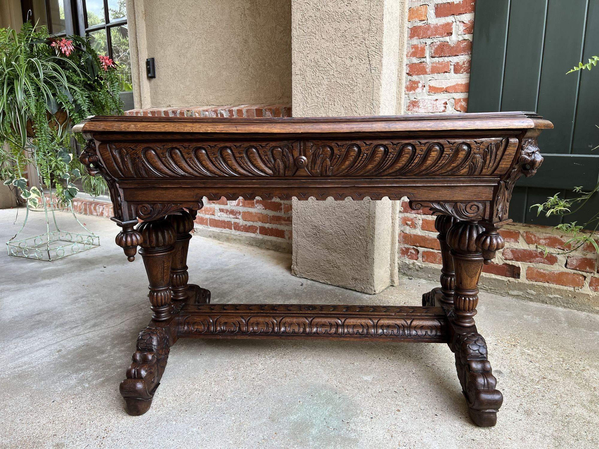 19th Century French Carved Oak Dolphin Library Table Desk Renaissance Gothic For Sale 9