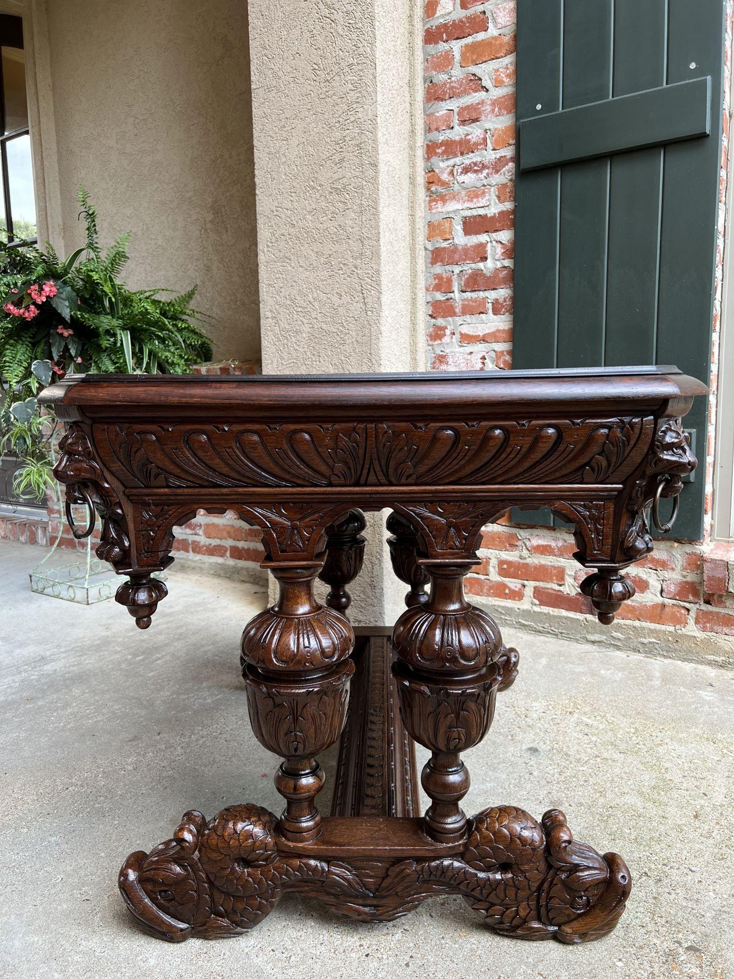 Ancienne table de bibliothèque française sculptée en chêne avec dauphins, Renaissance gothique, vers 1890 en vente 9