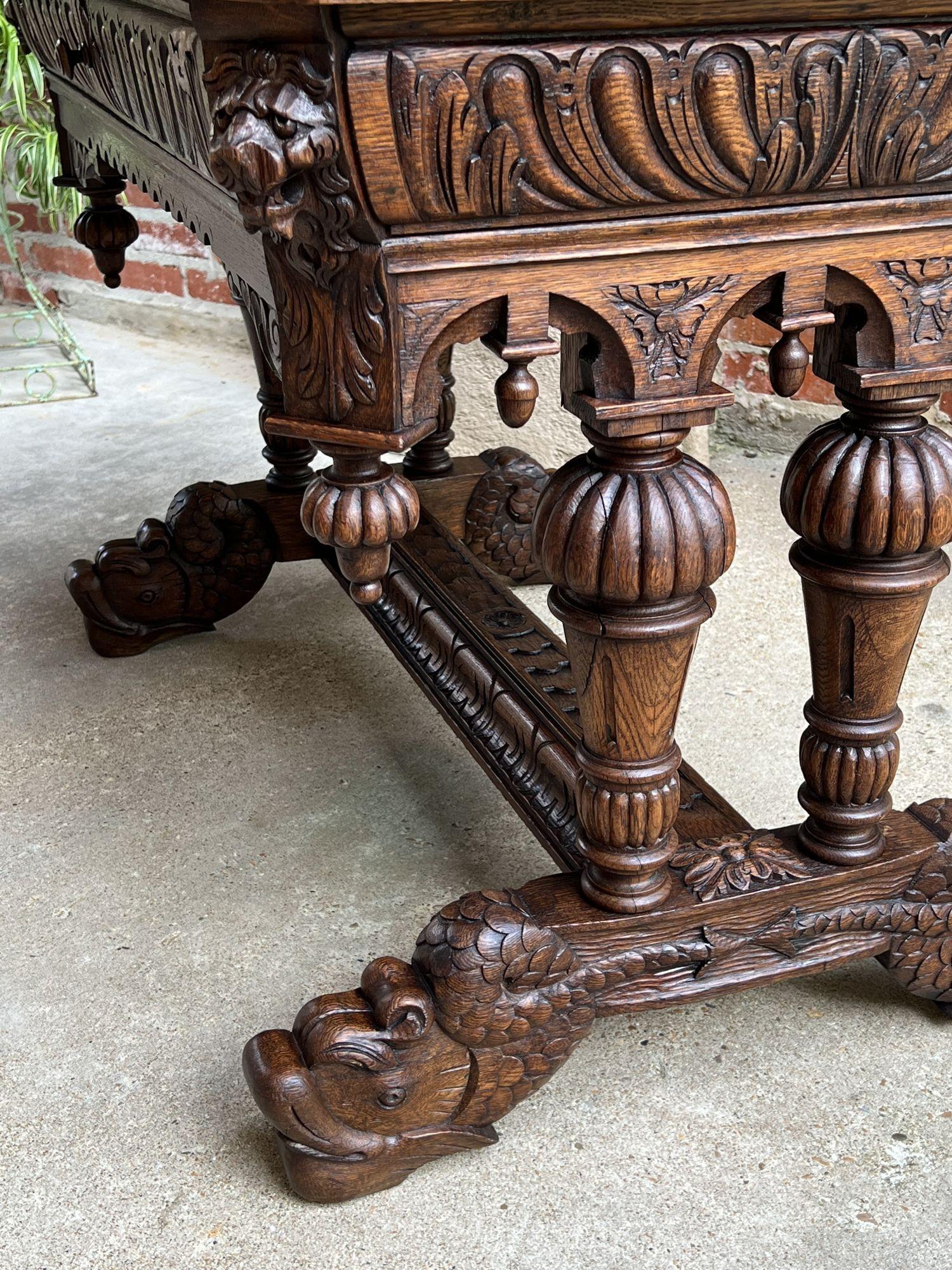 Antique French Carved Oak Dolphin Library Table Desk Renaissance Gothic c1890 in vendita 8