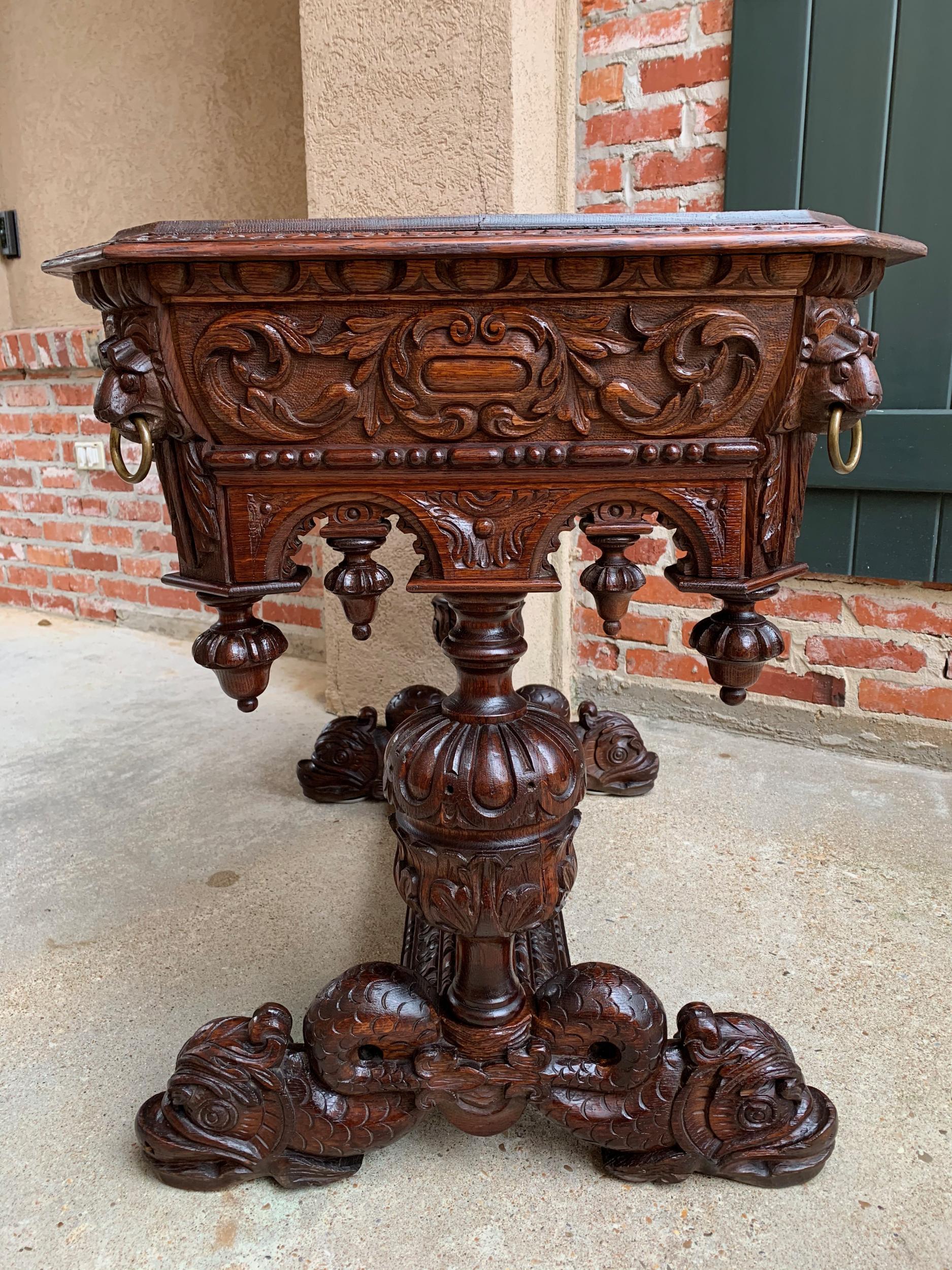 19th Century French Carved Oak Dolphin Library Table Desk Renaissance Gothic 13