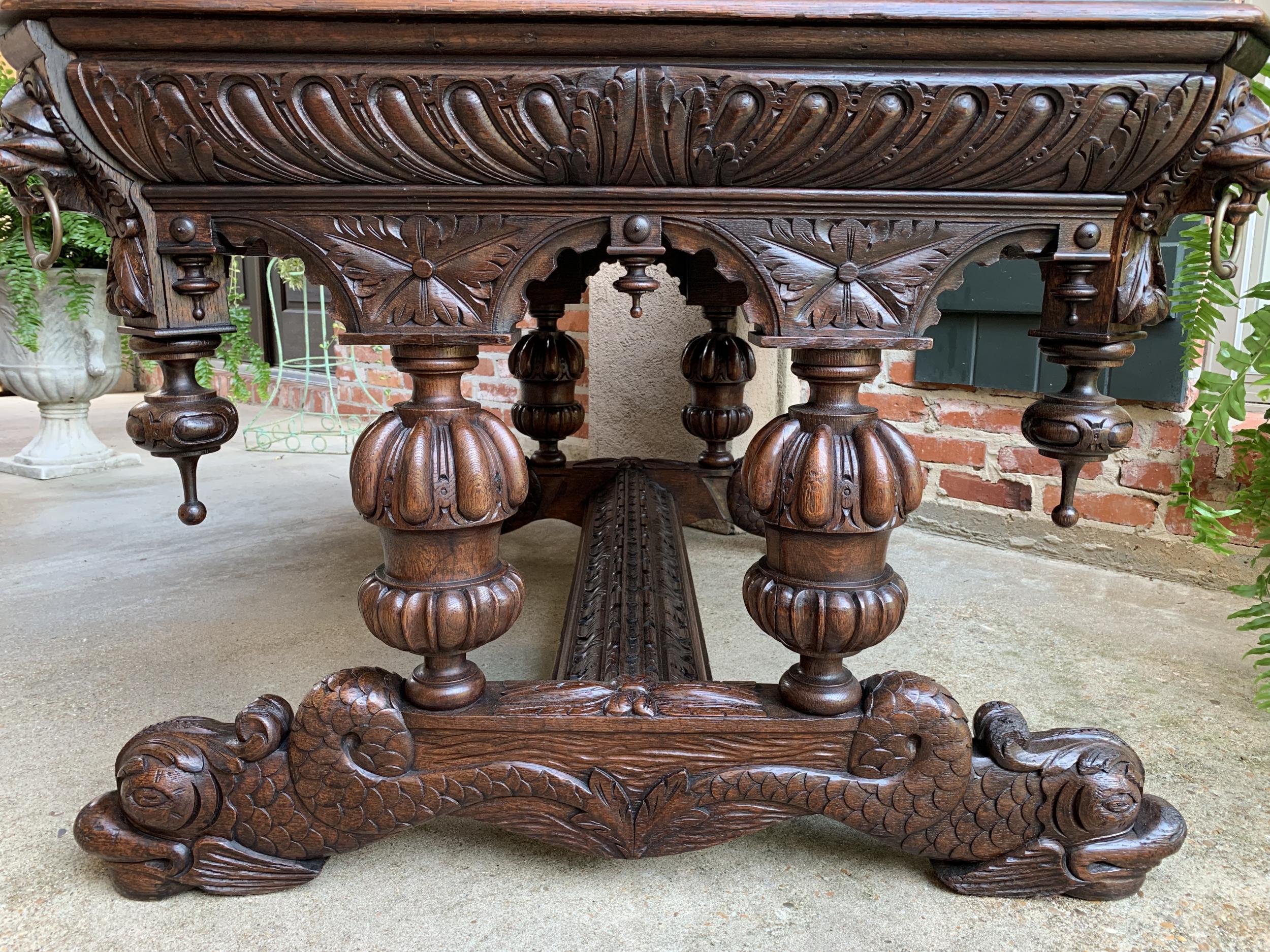 19th Century French Carved Oak Dolphin Library Table Desk Renaissance Gothic 13
