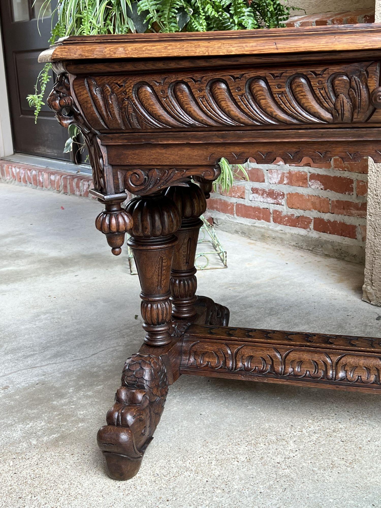 Antique French Carved Oak Dolphin Library Table Desk Renaissance Gothic c1890 in vendita 9